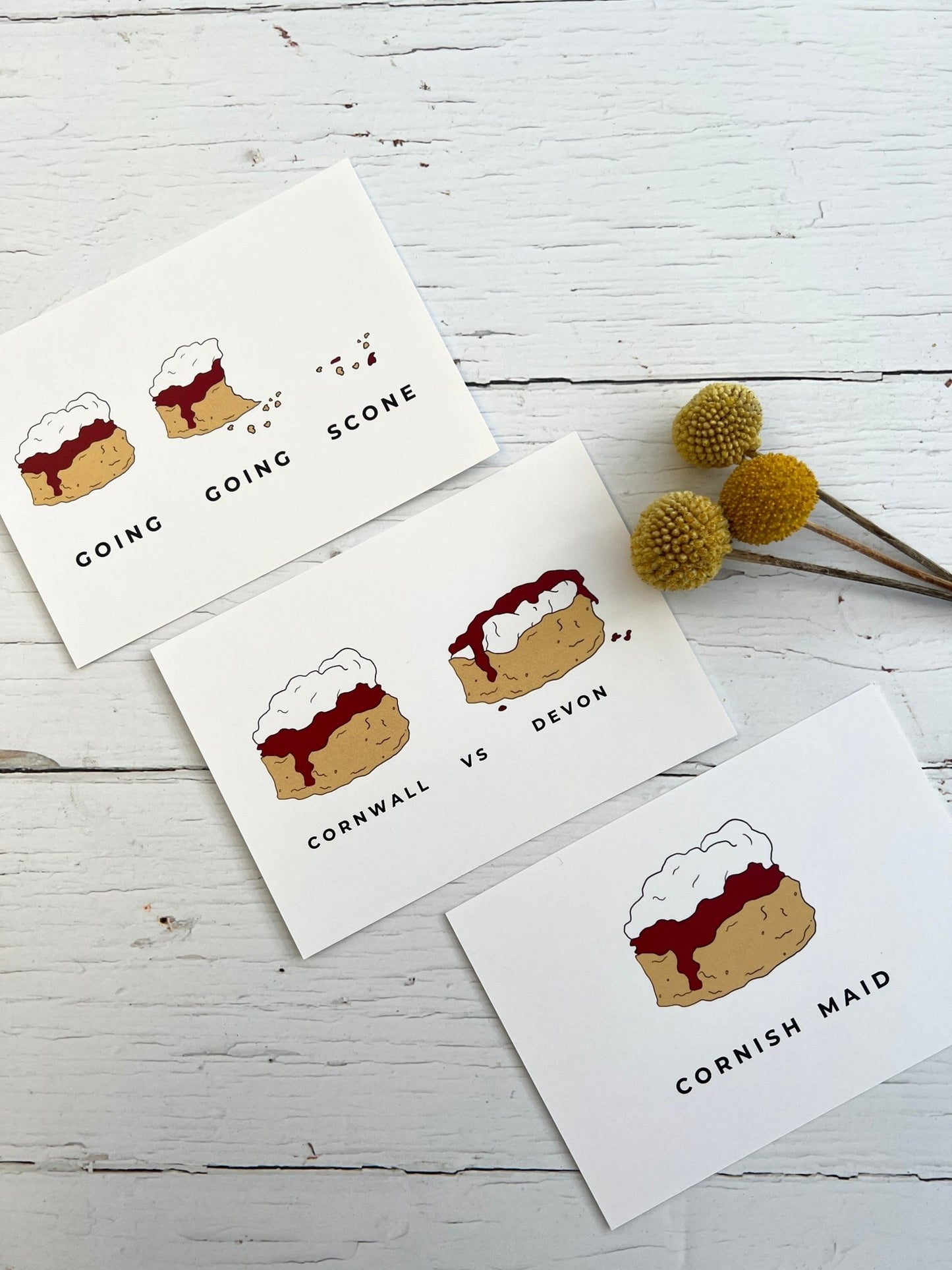 Cornish cream tea postcard set Going Going Scone, Cornwall vs Devon, Cornish Maid clotted cream illustration cards