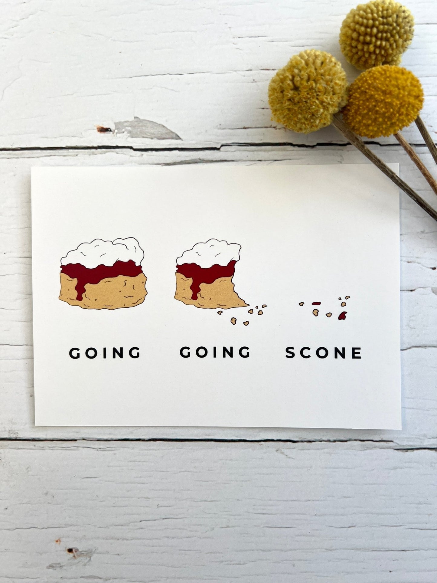 "Going Going Scone" pun postcard cream tea illustration showing scone consumption funny Cornish food greeting card