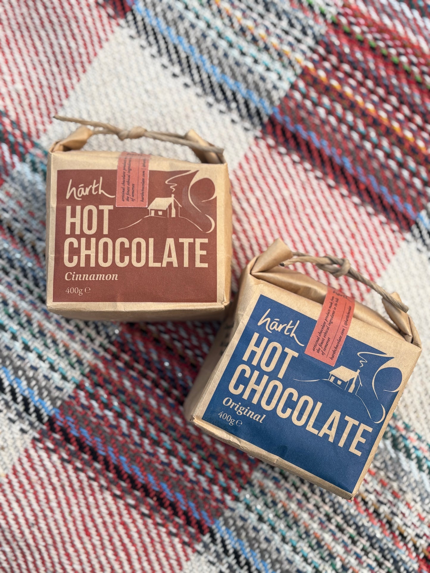 two harth hot chocolate powders cinnamon and original luxury Cornish gift set for winter warmth and cosy drinks