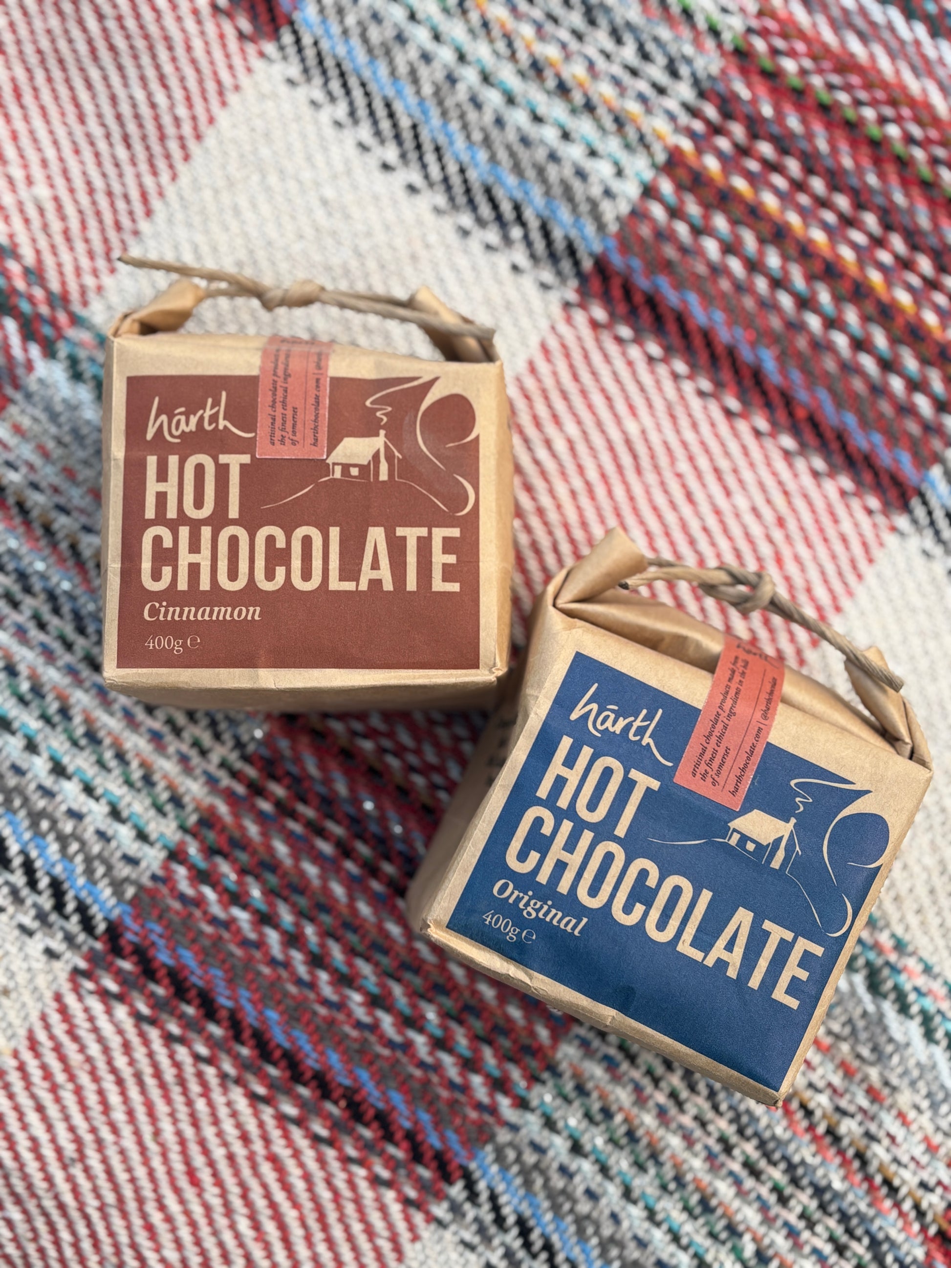 two harth hot chocolate powders cinnamon and original luxury Cornish gift set for winter warmth and cosy drinks