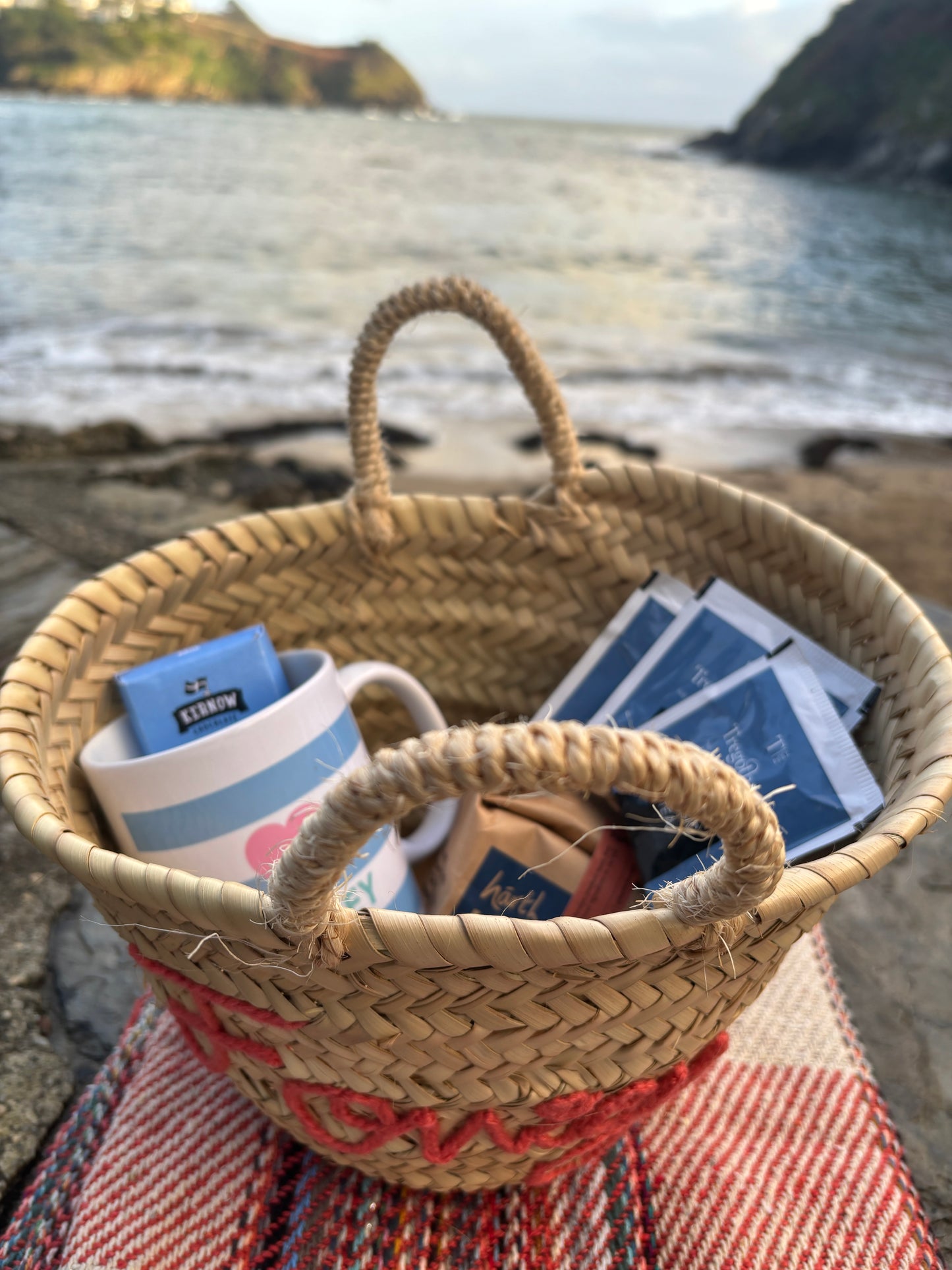 Cosy Cornish Evening Christmas Gift Basket tea, clotted cream fudge, biscuits, and Readymoney mug set luxury holiday food hamper