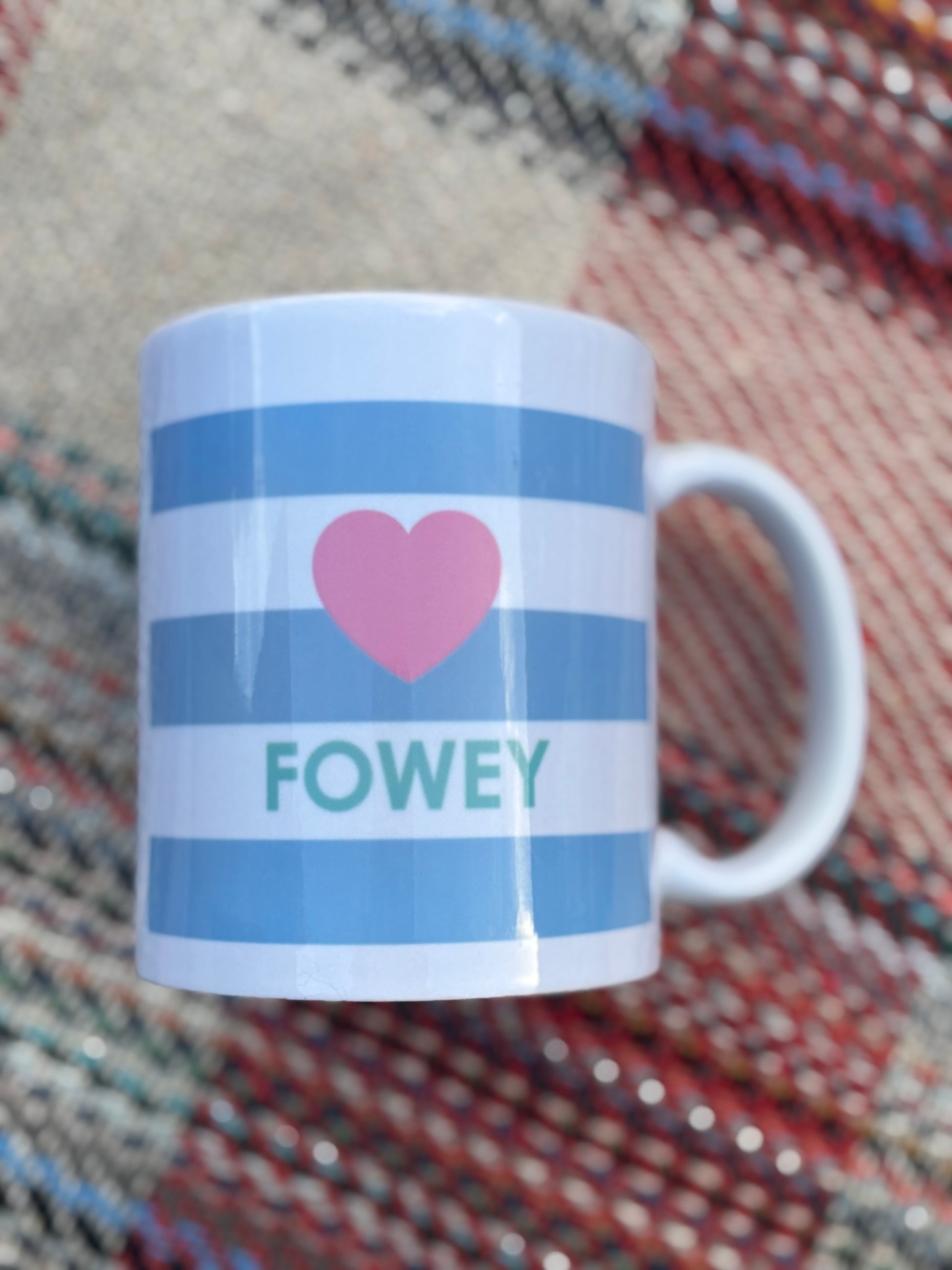 "Fowey" striped ceramic mug with pink heart coastal kitchenware or nautical gift for tea and coffee lovers