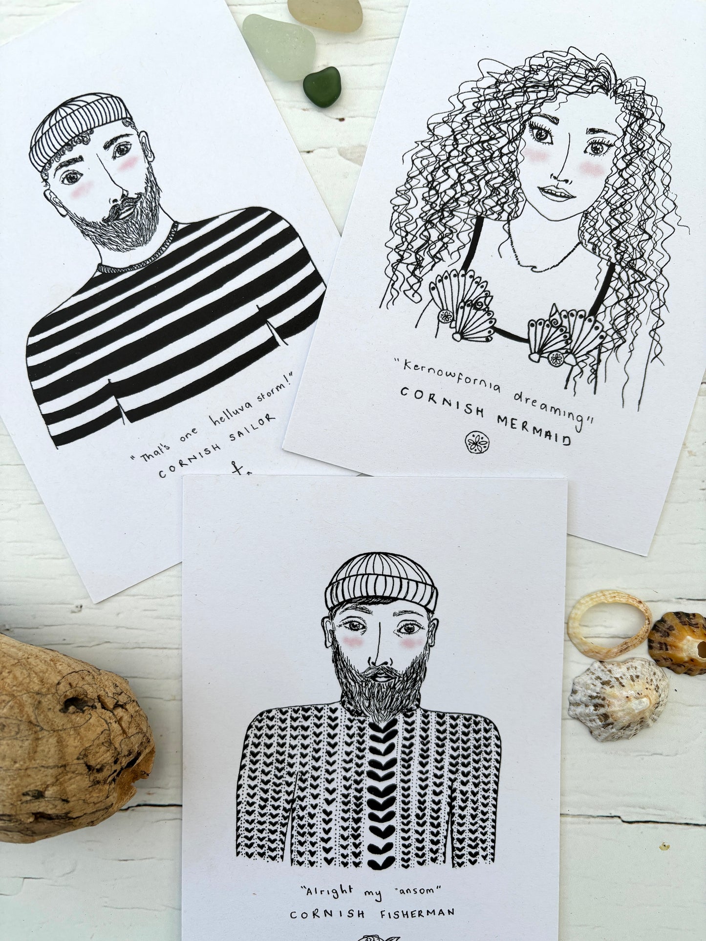 Cornish folk postcard set Cornish Sailor, Fisherman, and Mermaid line art illustrations black and white coastal art cards