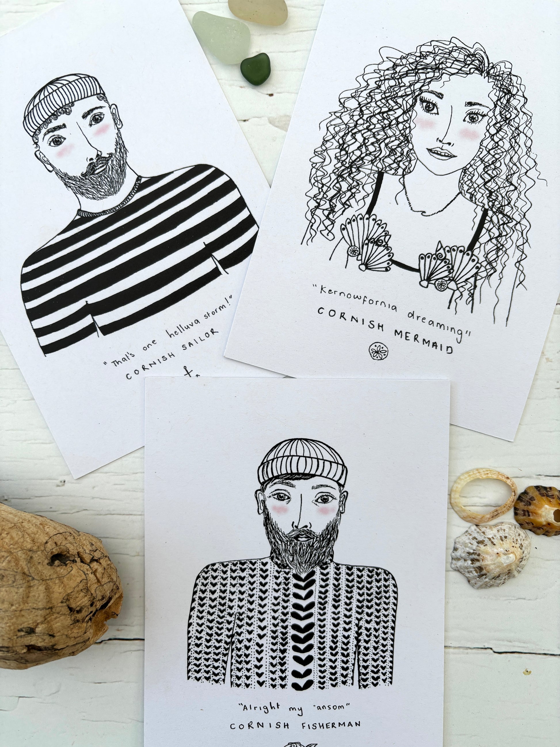 Cornish folk postcard set Cornish Sailor, Fisherman, and Mermaid line art illustrations black and white coastal art cards
