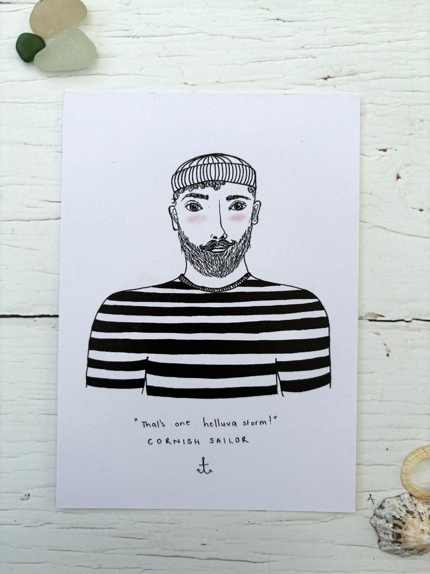 Cornish sailor illustration postcard black and white nautical art print with a man in a stripy top Cornwall souvenir card
