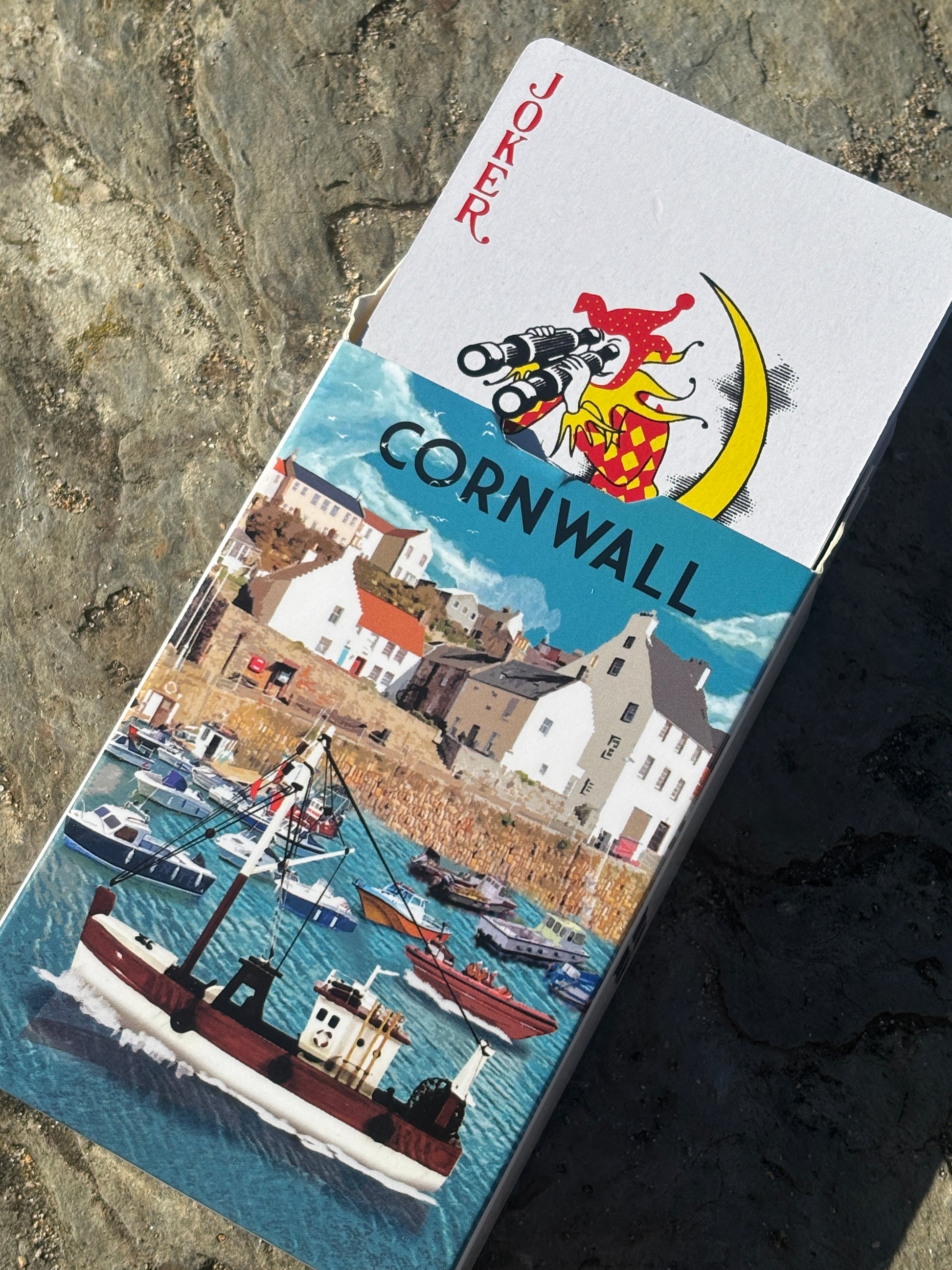 Cornish harbour playing cards with scenic dockside design and playful Joker—coastal-themed gift for tourists and card lovers