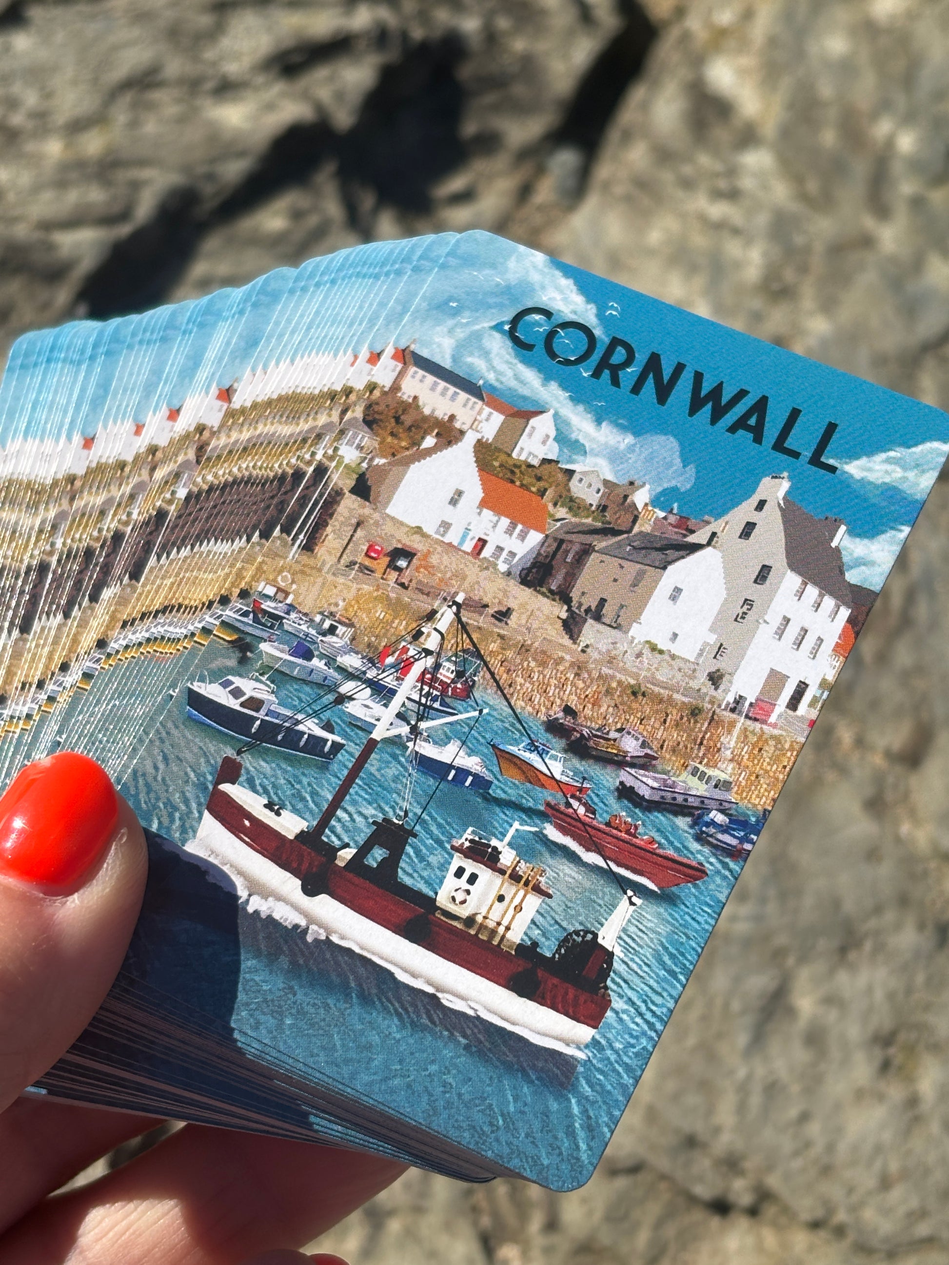 Cornish harbour playing cards with bold coastal artwork—nautical-themed gift for seaside lovers, tourists, and card collectors