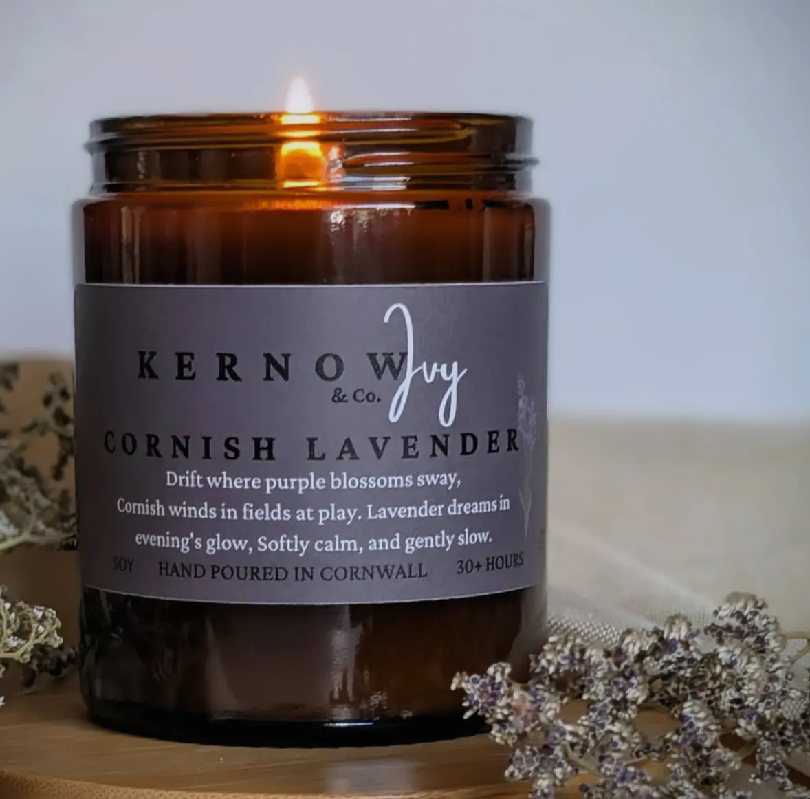 hand-poured Cornish Lavender scented candle by Kernow & Ivy Co luxury aromatherapy and home decor in an amber jar