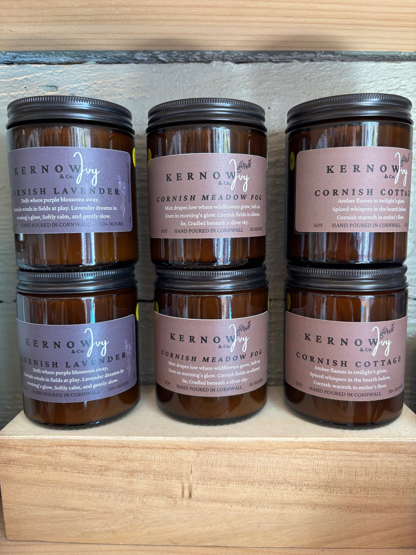 six Kernow & Ivy scented candles in amber jars luxury soy wax in Cornish lavender, meadow fog, and Cornish cottage scents