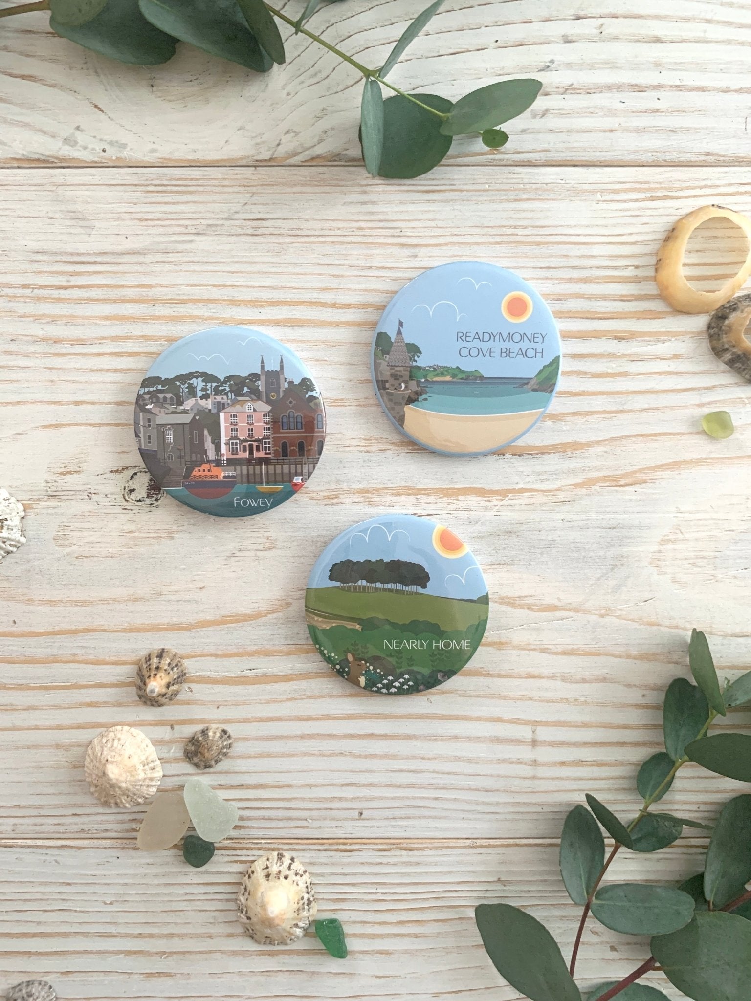 set of 3 Cornish round fridge magnets Fowey, Readymoney Cove Beach, and Nearly Home illustrated coastal magnets