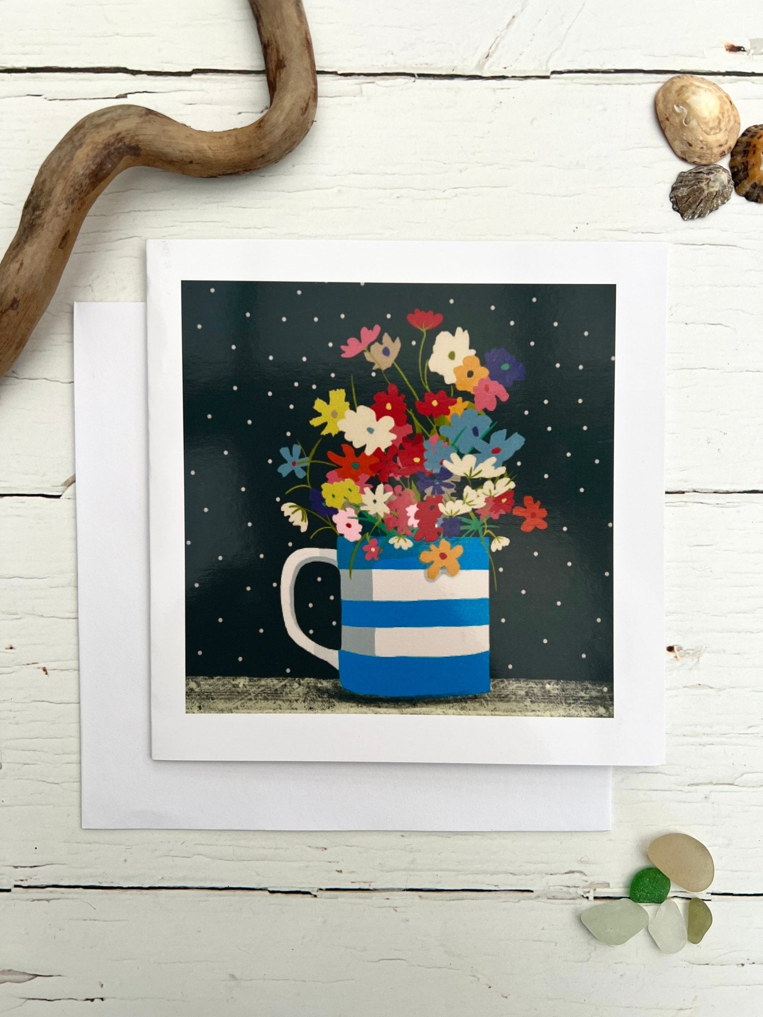 Cornish Stripe Flowers Greetings Card - Readymoney Beach Shop