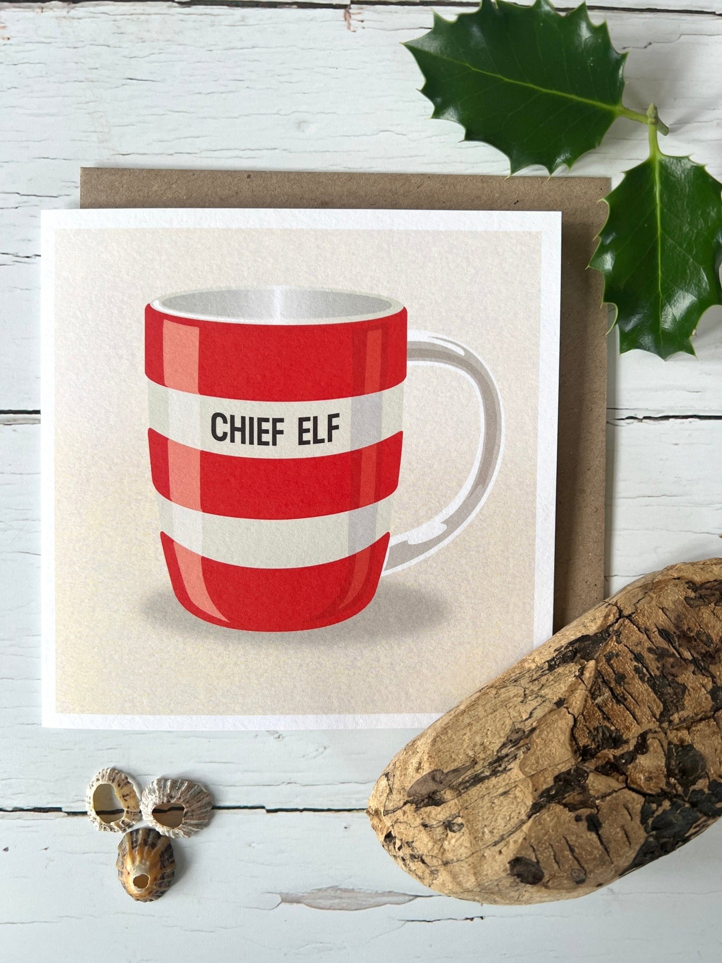 Cornish Stripes Chief Elf Cornishware Mug Greetings Card - Readymoney Beach Shop