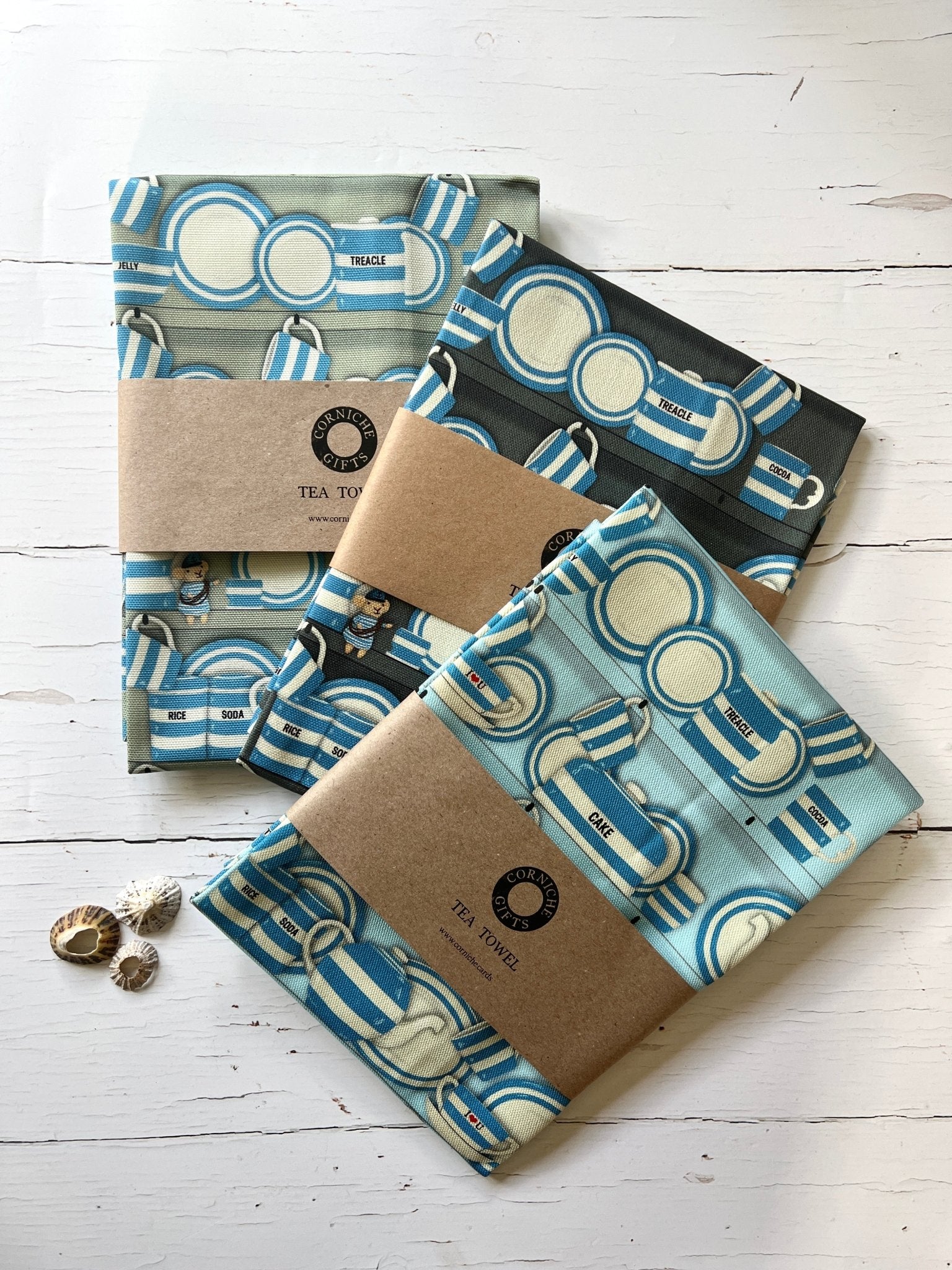 Cornish gifts tea towels with blue striped Cornish wrestler design, kraft paper bands, kitchen textiles gift set