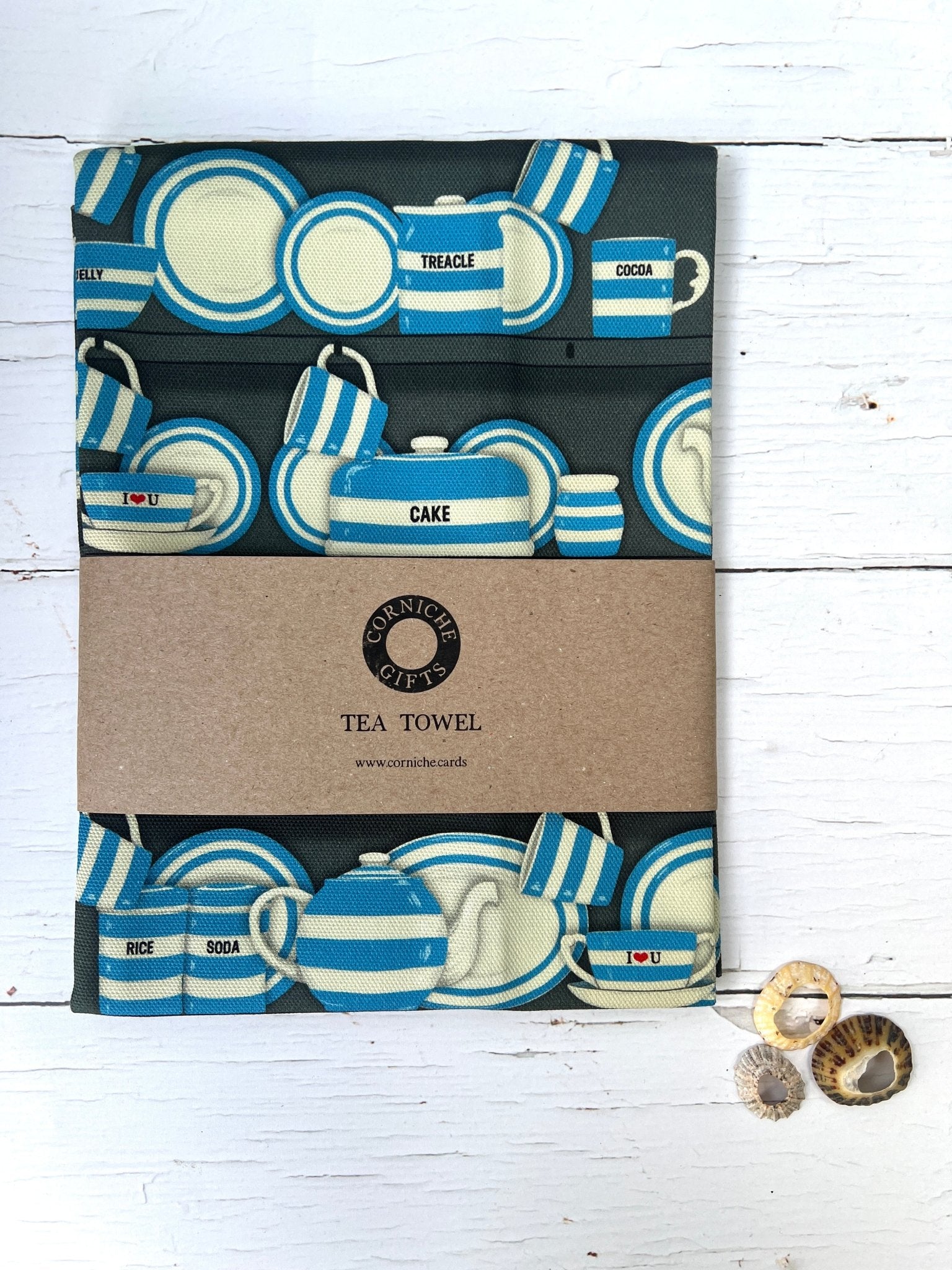 corniche gifts slate grey tea towel with blue striped Cornish crockery design, kraft wrap, coastal kitchen decor