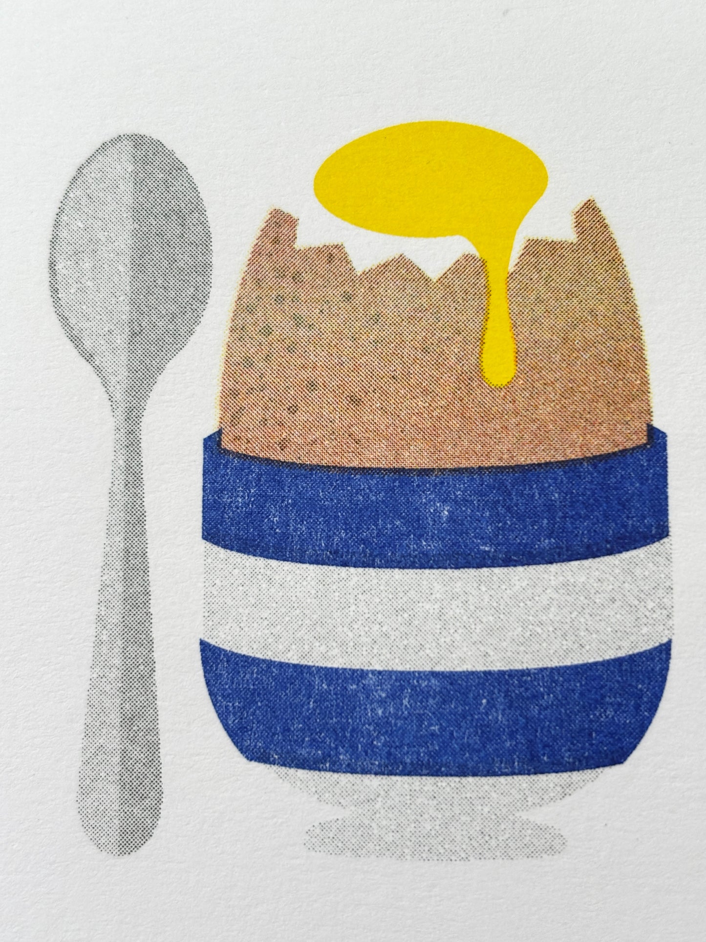 closeup shot of boiled egg and spoon illustration card, blue white striped egg cup, runny yolk, breakfast theme artwork