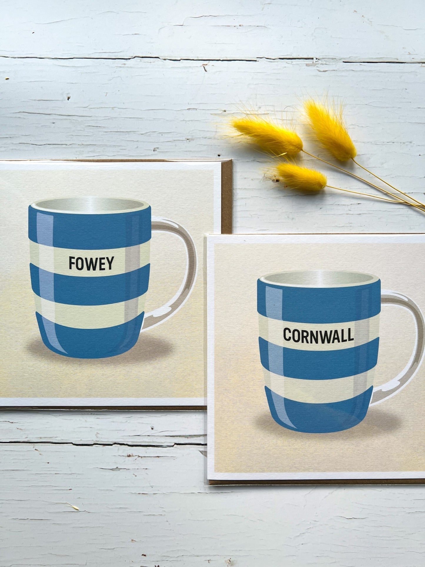 Fowey and Cornwall striped mug greeting cards, blue white Cornish design, kraft envelopes, dried grass stems