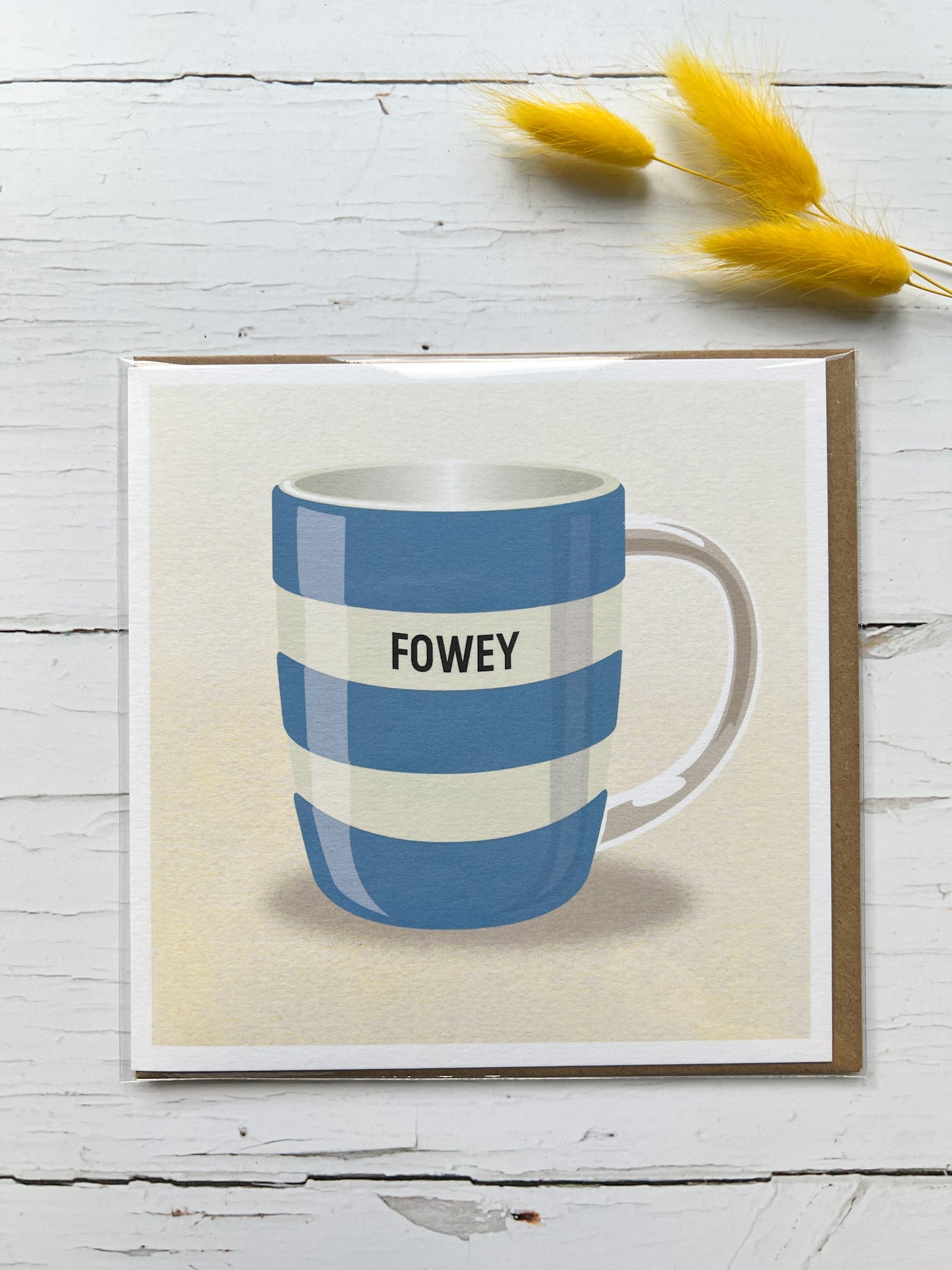 striped Fowey mug illustration card, coastal Cornwall souvenir, blue white design, kraft envelope, dried grasses