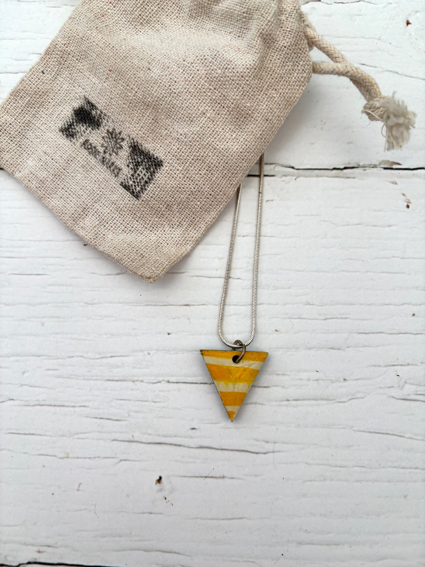 yellow striped Cornish triangle necklace pendant, handcrafted jewelry, silver snake chain, hessian gift bag