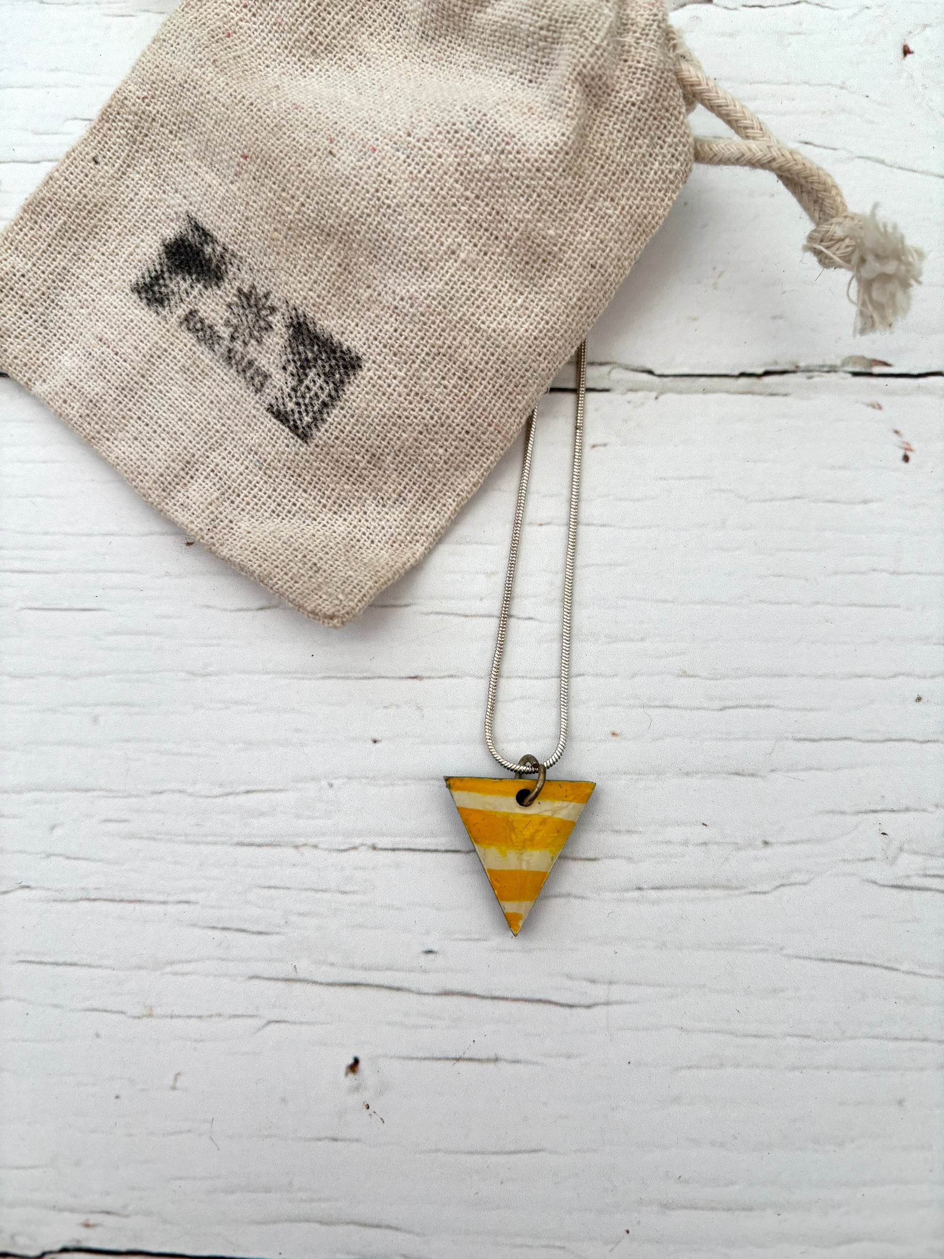 yellow striped Cornish triangle necklace pendant, handcrafted jewelry, silver snake chain, hessian gift bag