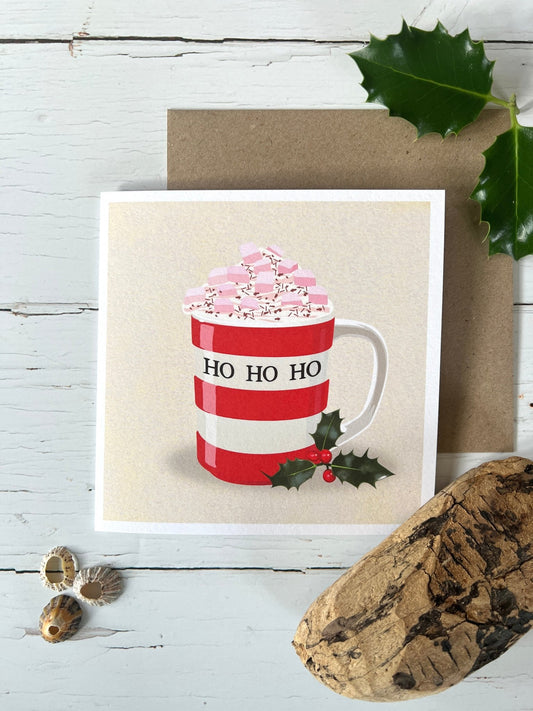 Cornish Stripes Ho Ho Ho Hot Chocolate, Marshmallows & Cream Cornishware Mug Christmas Card - Readymoney Beach Shop