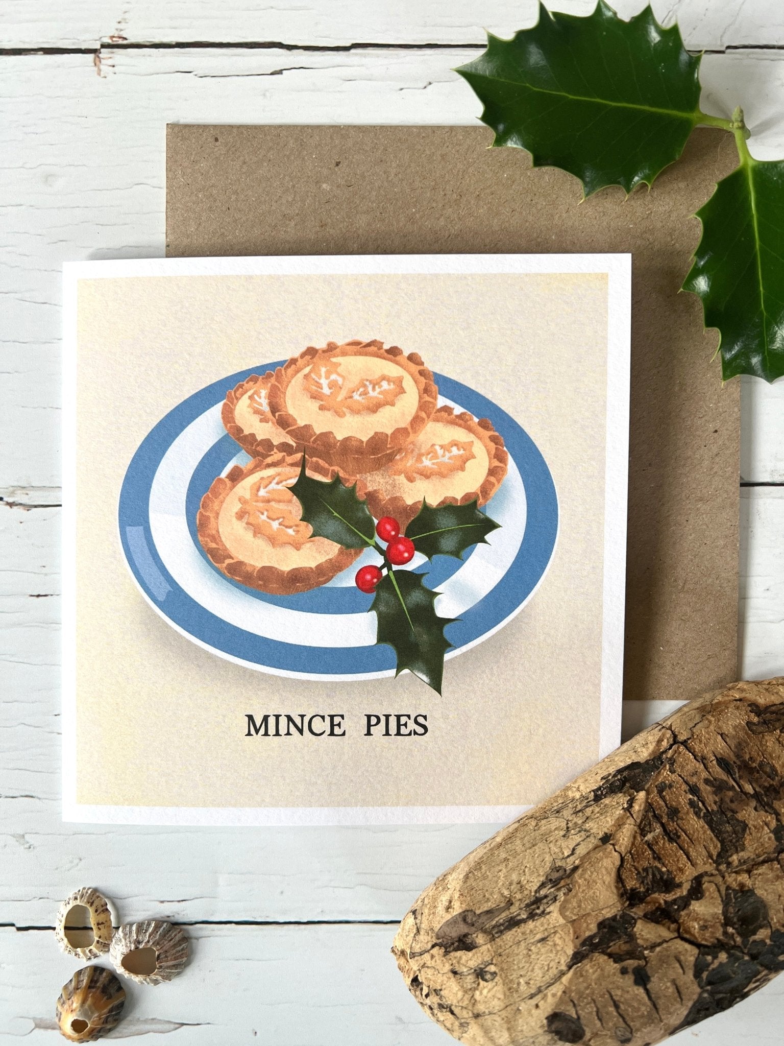 Cornish Stripes Mince Pies Cornishware Plate Christmas Card - Readymoney Beach Shop