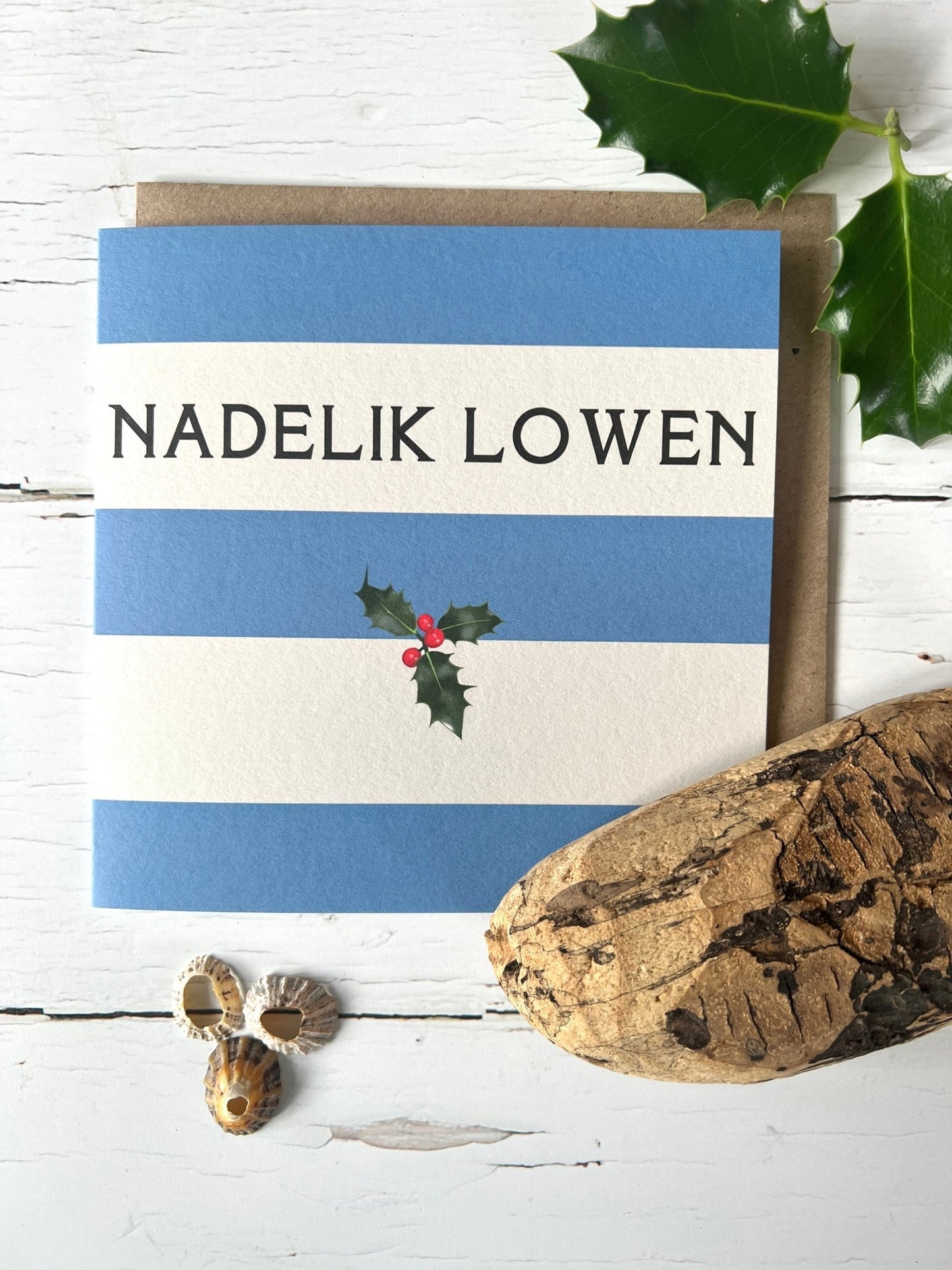 Cornish Stripes Nadelik Lowen (Merry Christmas in Cornish) Christmas Card - Readymoney Beach Shop