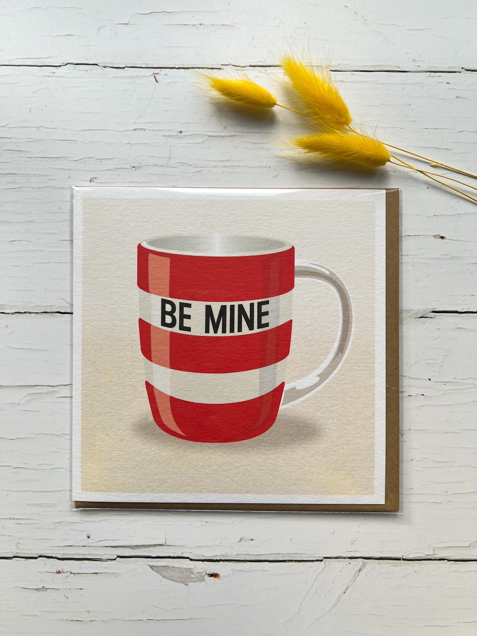 be mine Valentine card with red striped mug design, romantic greeting, kraft envelope, yellow fluffy grass stems