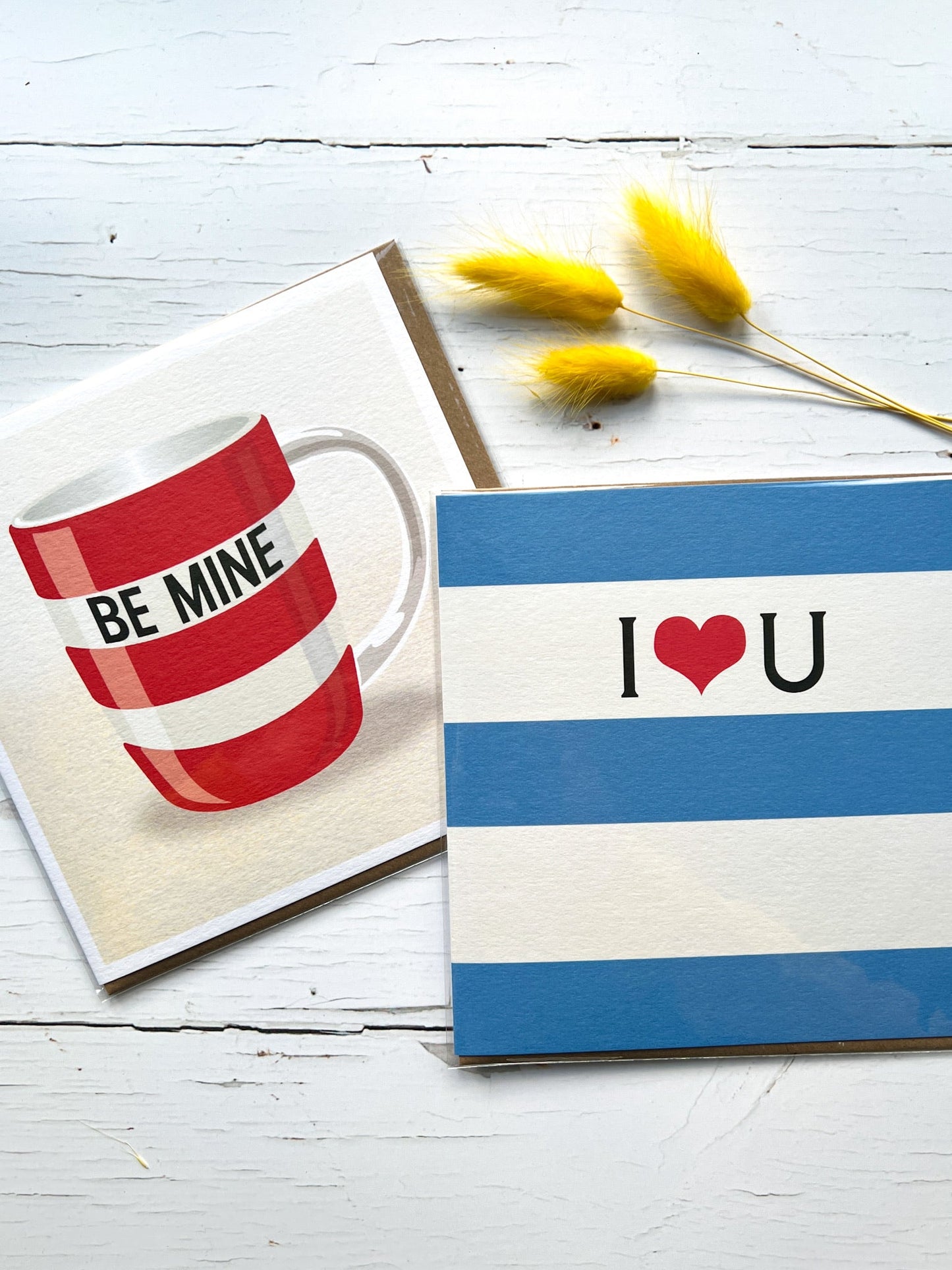 Valentine's Day cards with striped designs Be Mine coffee mug, I heart U message, yellow bunny tail stems accent