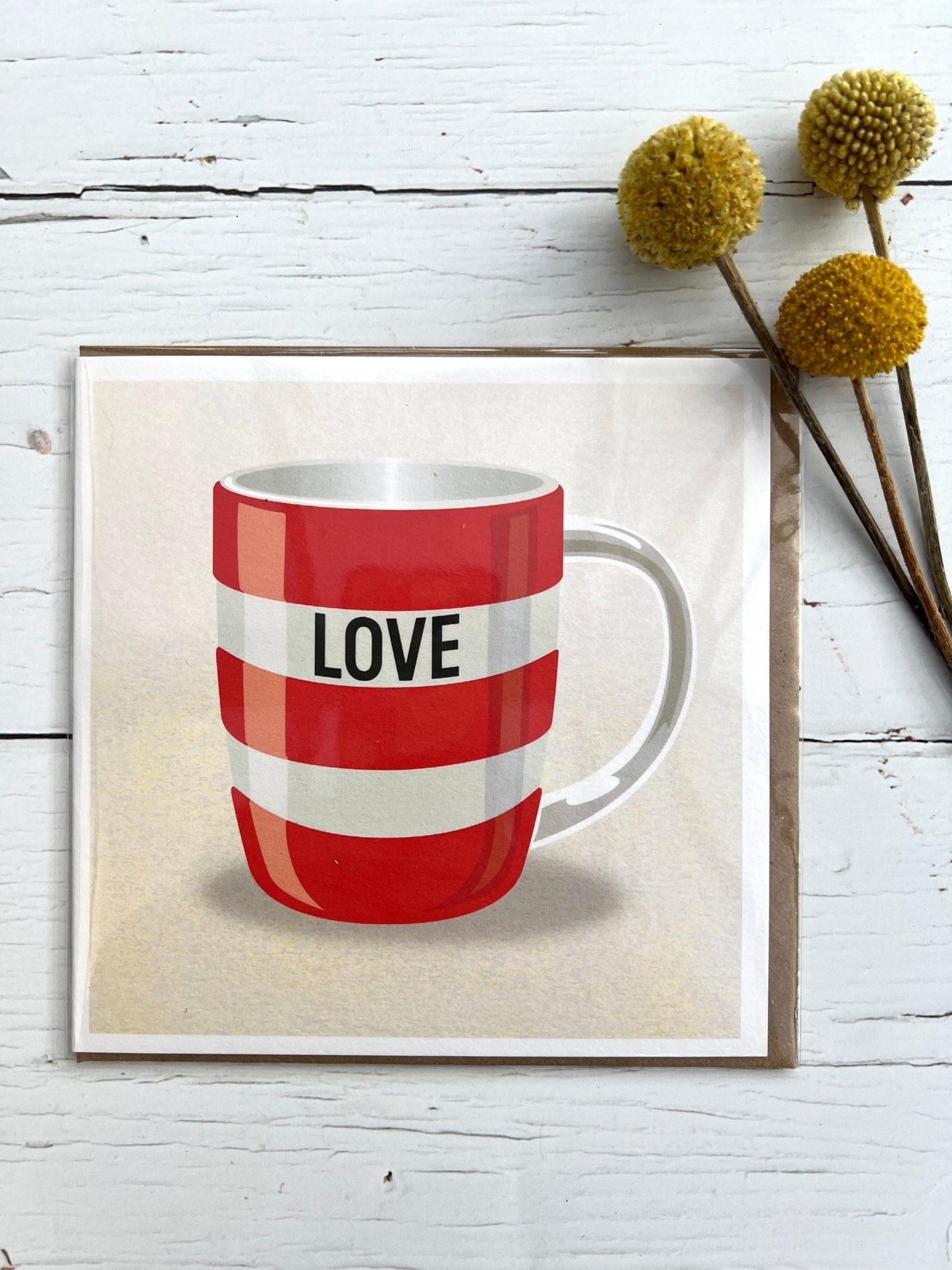 love mug Valentine card with red white stripes, romantic greeting, yellow craspedia billy buttons floral detail