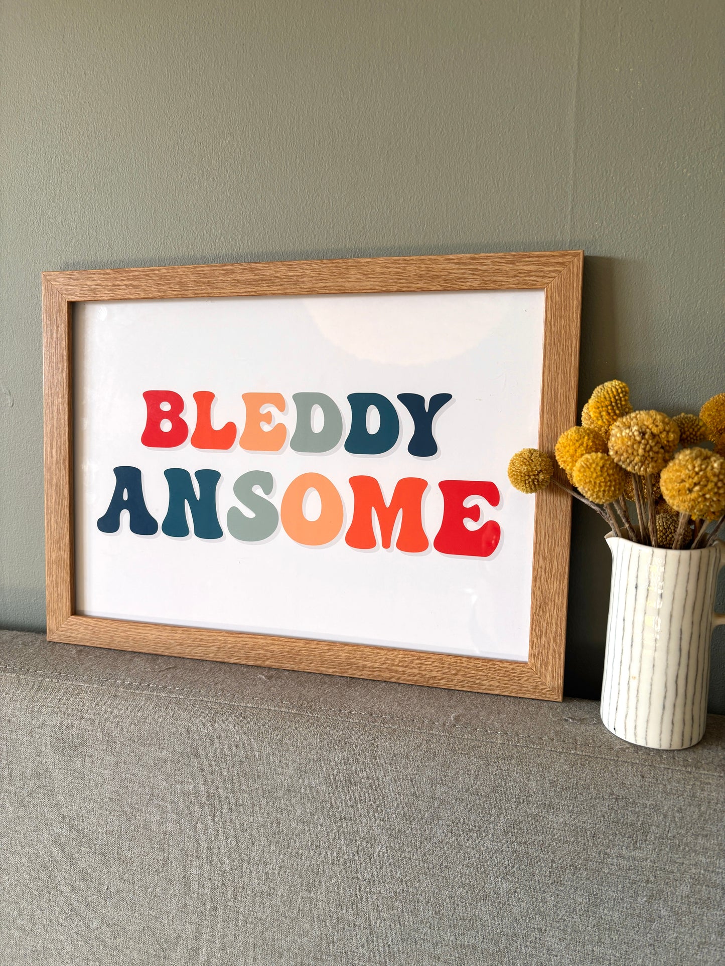 'BLEDDY ANSOME' wall print colorful retro font with Cornish slang quirky typography art and home decor gift