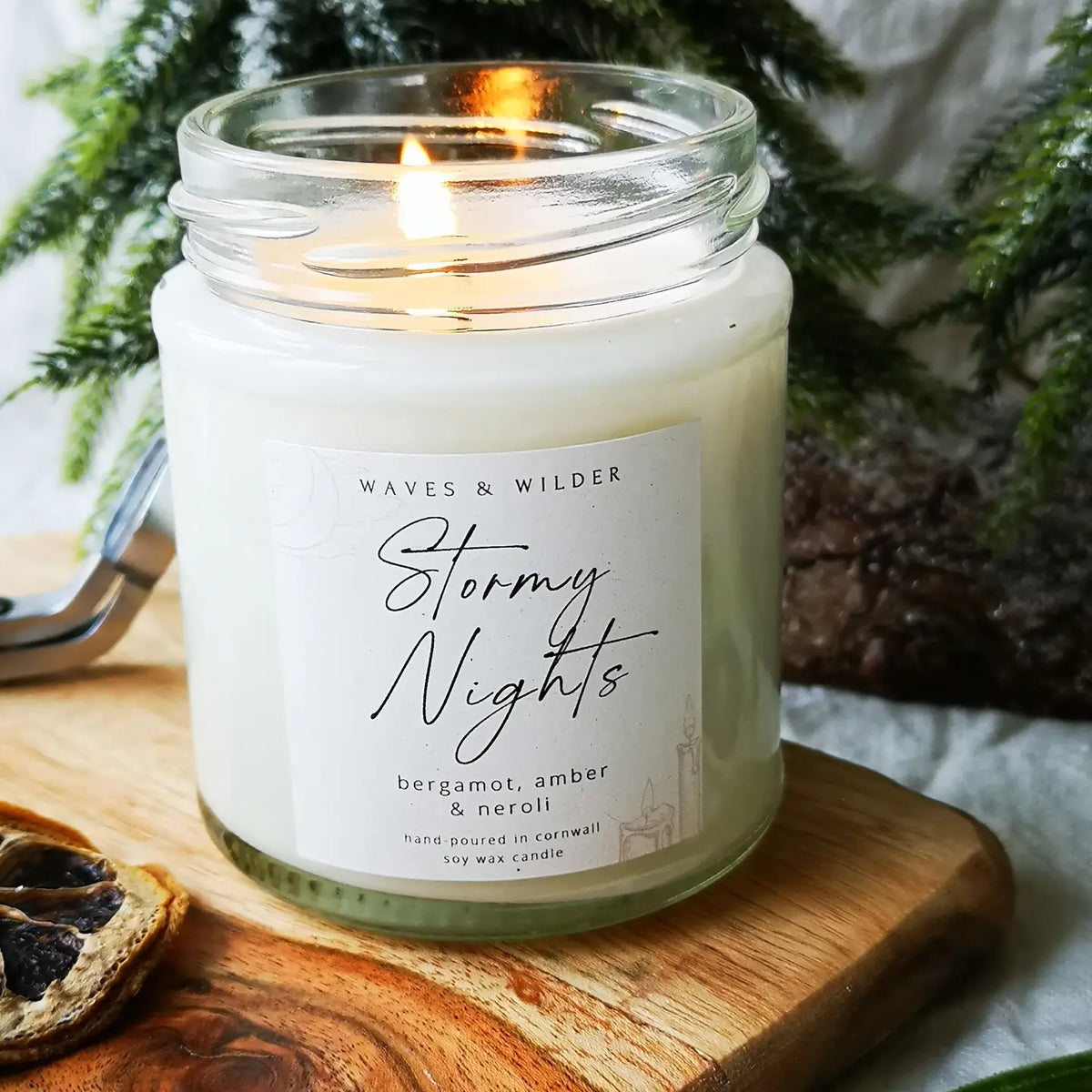 cornish soy wax candle—Stormy Nights scent with bergamot, amber & neroli hand-poured for warm winter ambience