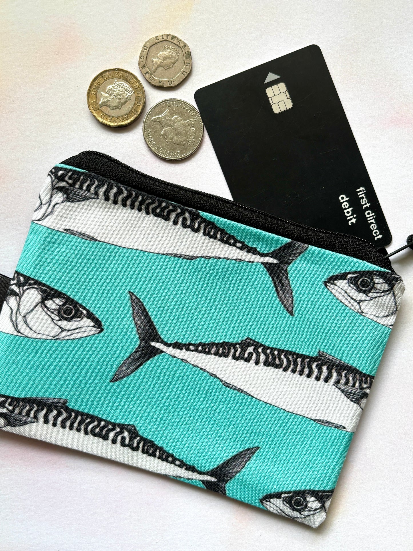 Zipped Cornish Mackerel Turquoise Fabric Purse