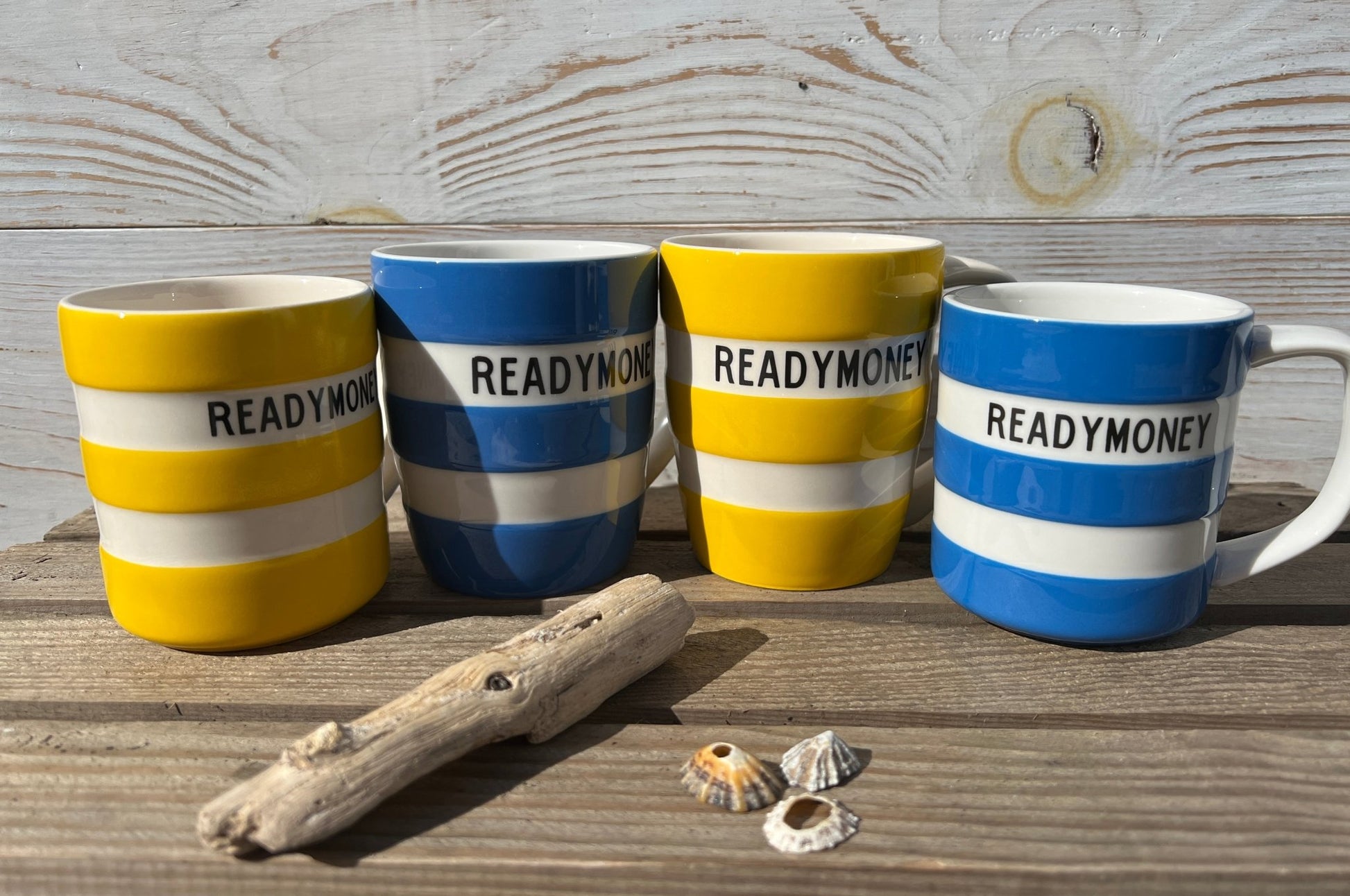 set of four Readymoney cornishware style mugs yellow & blue striped stoneware for a nautical, coastal kitchen gift