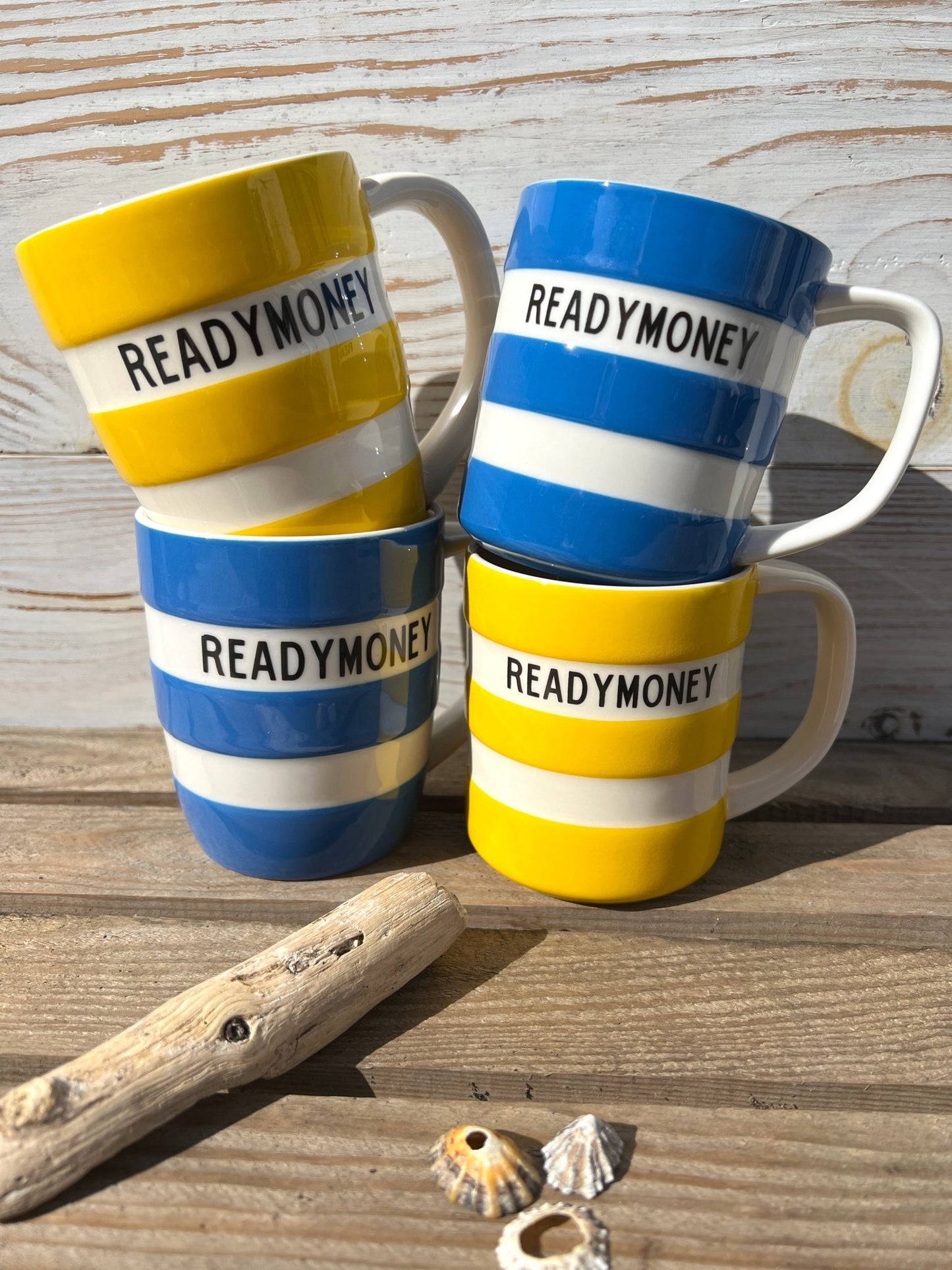 Readymoney cornishware style mugs yellow and blue striped stoneware for coastal kitchen decor 10oz and 12oz cup sizes