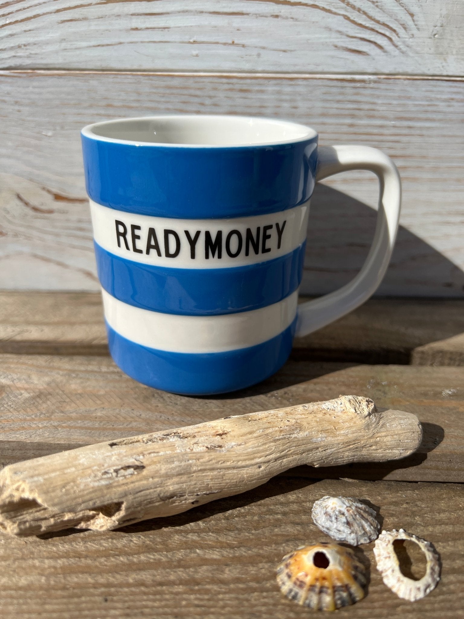 Readymoney 10oz ceramic mug classic blue striped coastal design quality stoneware cup for hot drinks or beach house