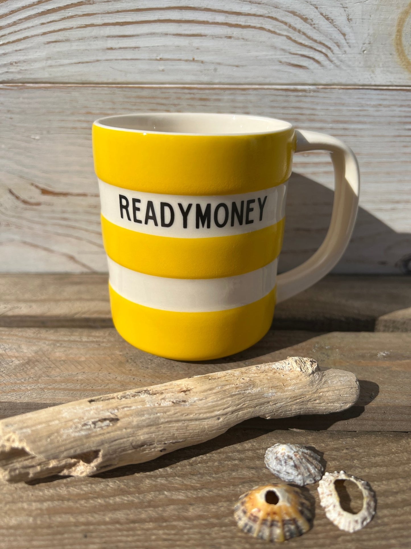 charming yellow striped 10oz ceramic mug Readymoney coastal stoneware with driftwood perfect for tea or coffee