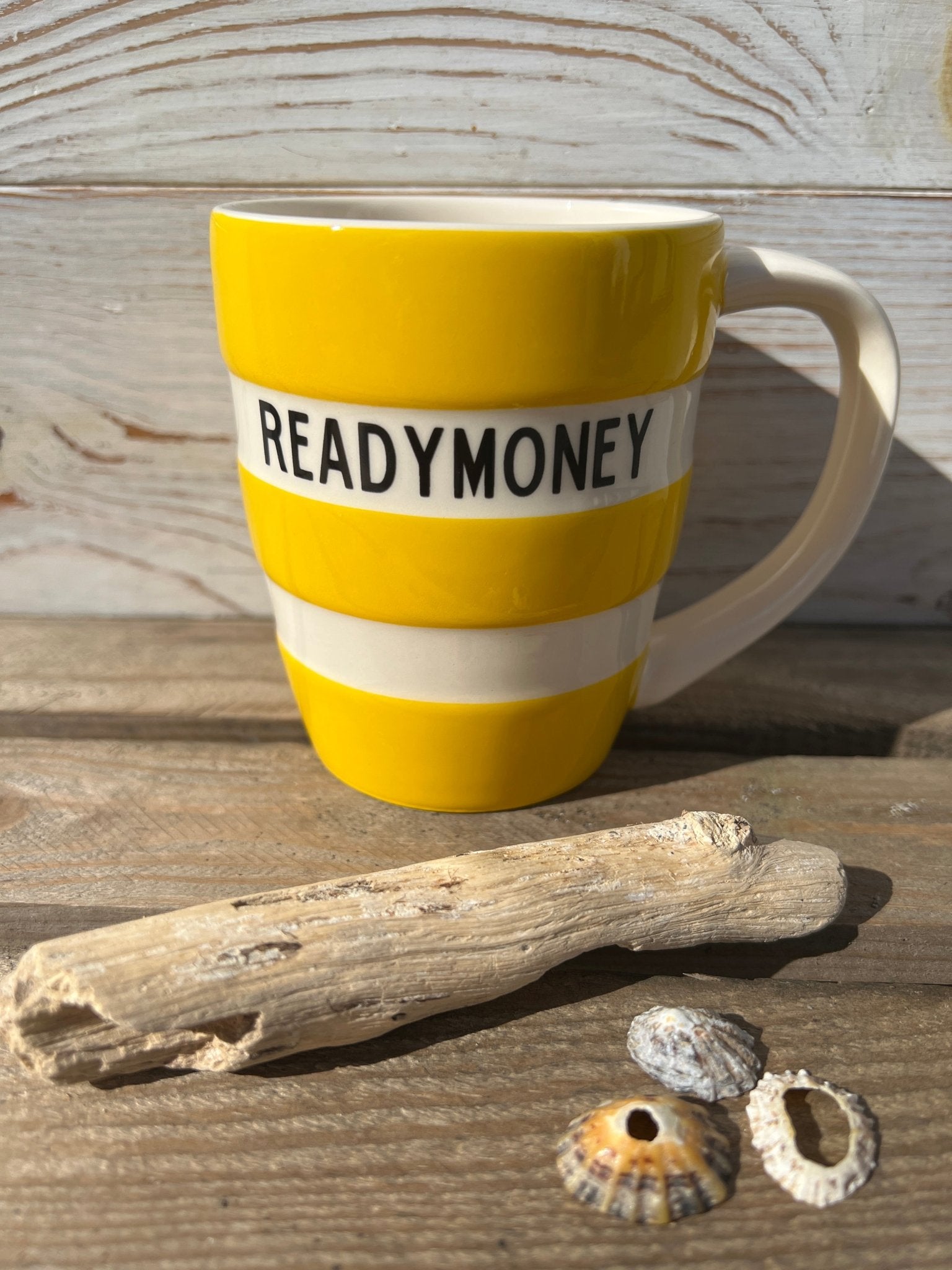 sunny yellow striped ceramic mug 12oz Readymoney cup with nautical design perfect gift for coffee lovers or beach house