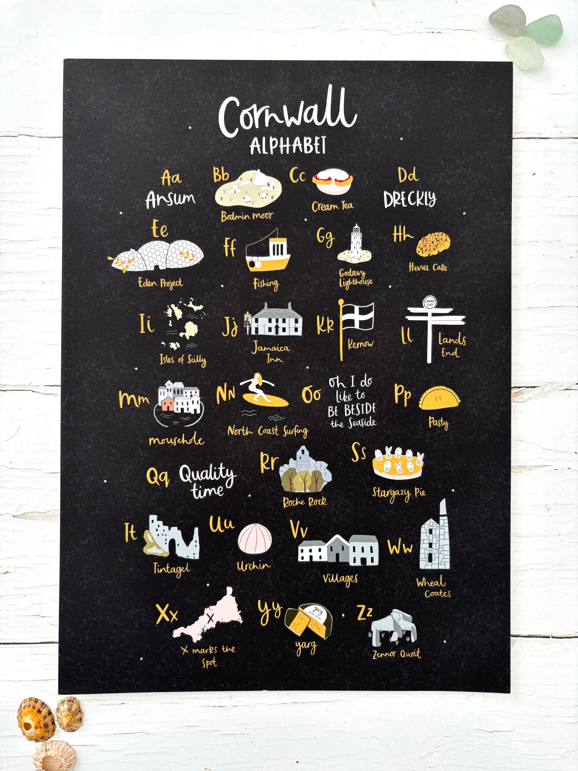 illustrated Cornwall A-Z print in a4 Coastal art poster for UK home decor unique travel souvenir or housewarming gift