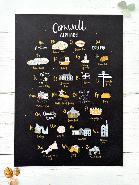 illustrated Cornwall A-Z print in a4 Coastal art poster for UK home decor unique travel souvenir or housewarming gift