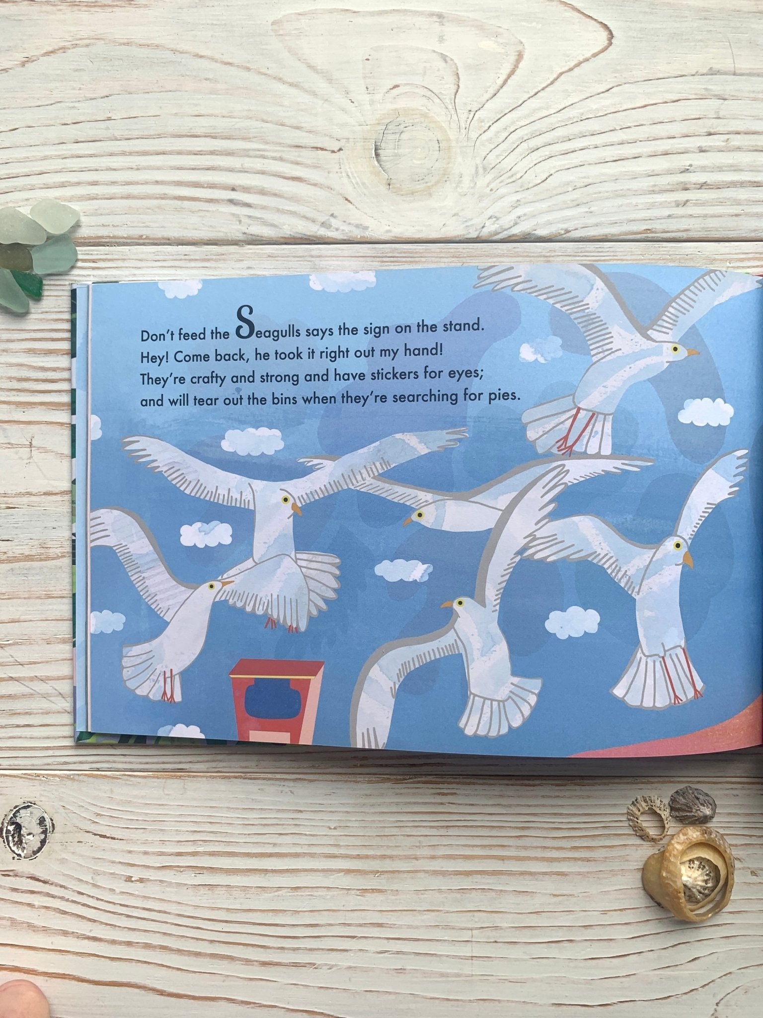 seagulls illustration from Cornwall Alphabetical Adventure children's book illustrated storybook page for kids' early learning gift