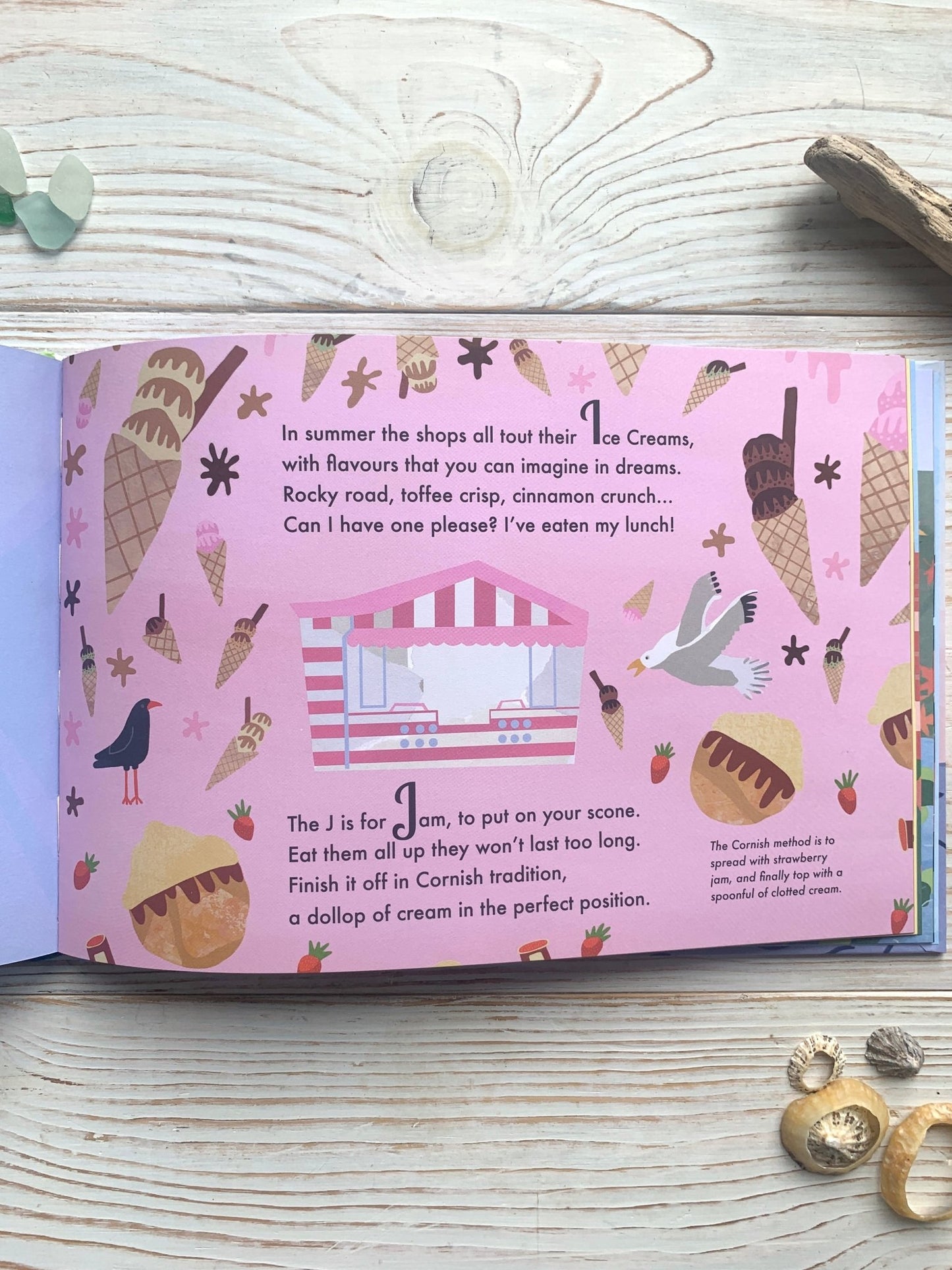 ice cream and jam for scone illustration from Cornwall Alphabetical Adventure kids' book educational Cornish food story