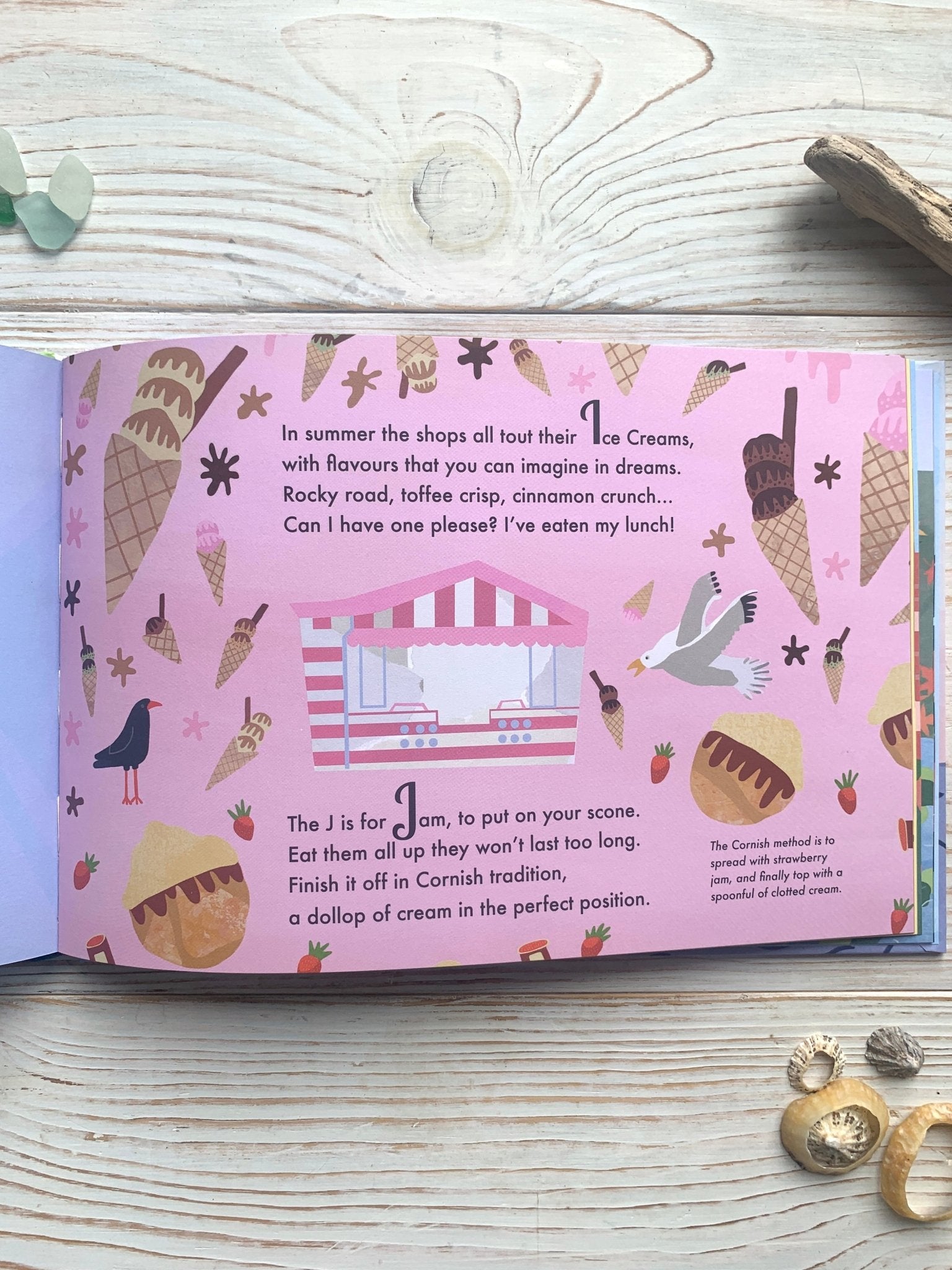 ice cream and jam for scone illustration from Cornwall Alphabetical Adventure kids' book educational Cornish food story