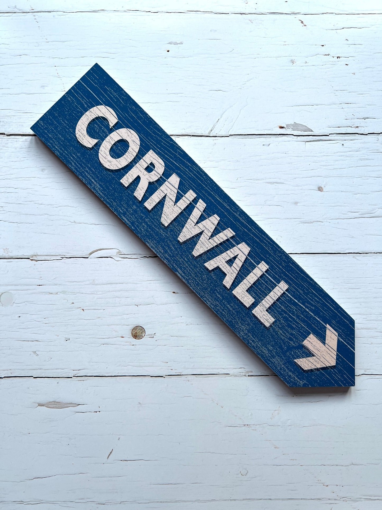 blue Cornwall directional arrow sign wooden wall decor with nautical beach house theme rustic travel souvenir gift
