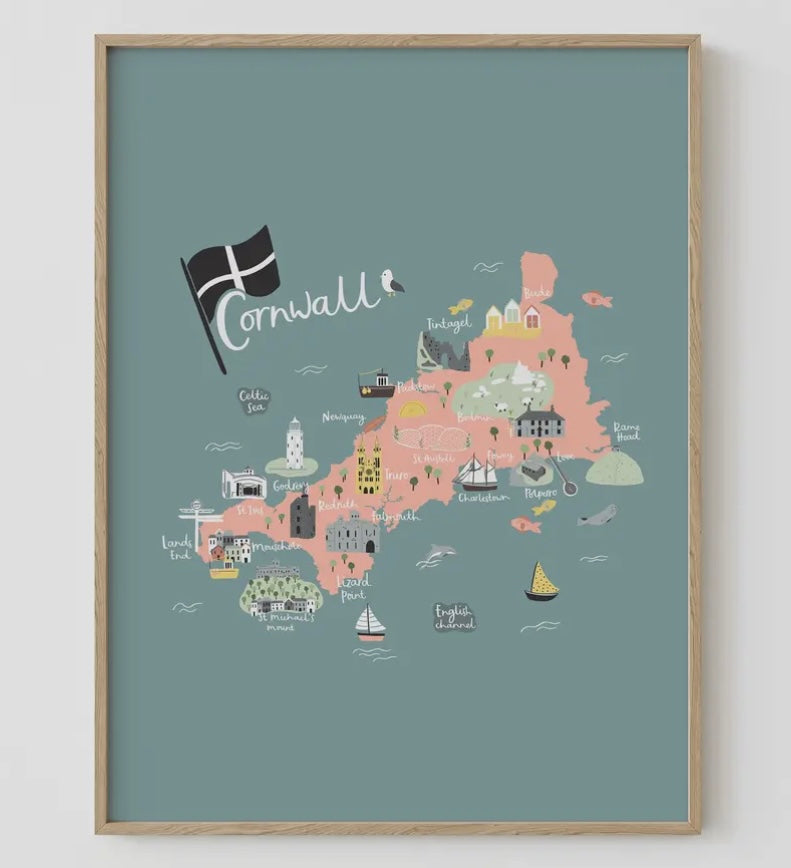 a4 Cornwall map print coastal home gift illustrated map with towns and the Cornish flag and seaside decor