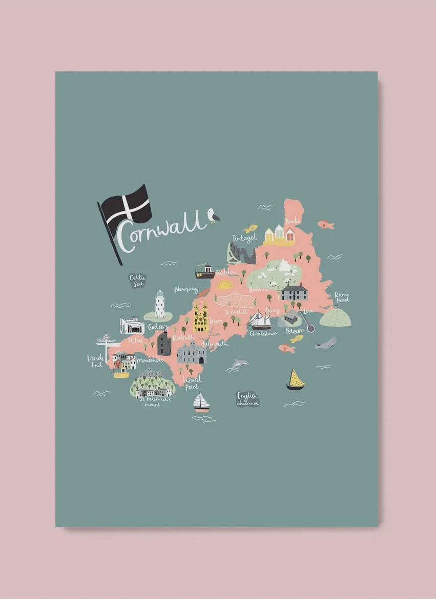 illustrated A4 Cornwall map print coastal art wall decor with Cornish landmarks and towns souvenir gift of Kernow