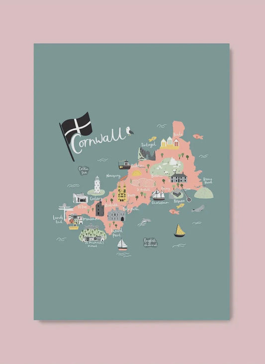illustrated A4 Cornwall map print coastal art wall decor with Cornish landmarks and towns souvenir gift of Kernow