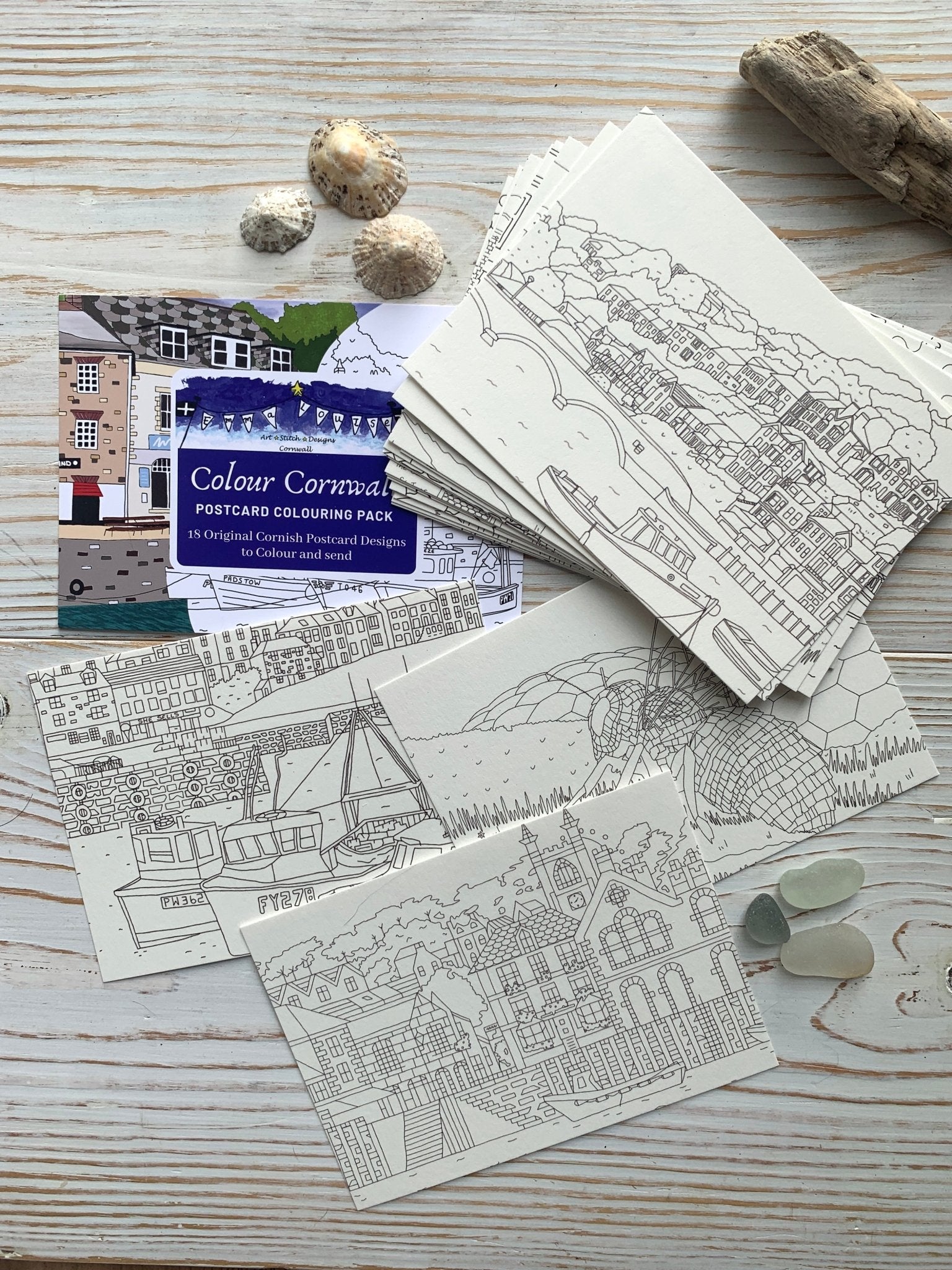 colour Cornwall postcard colouring pack black and white Cornish harbor illustration set fun adult craft creative gift