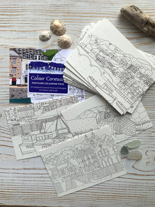 colour Cornwall postcard colouring pack black and white Cornish harbor illustration set fun adult craft creative gift