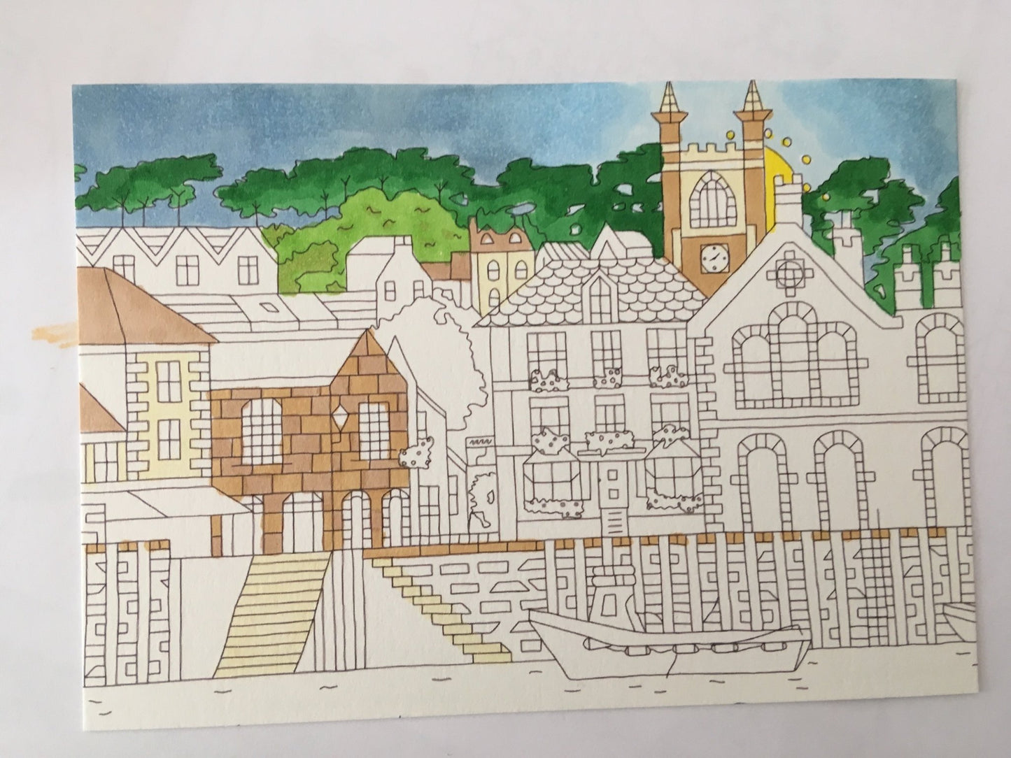 half-coloured Cornwall postcard line art harbor scene, Cornish village illustration, watercolour colouring sample, creative craft
