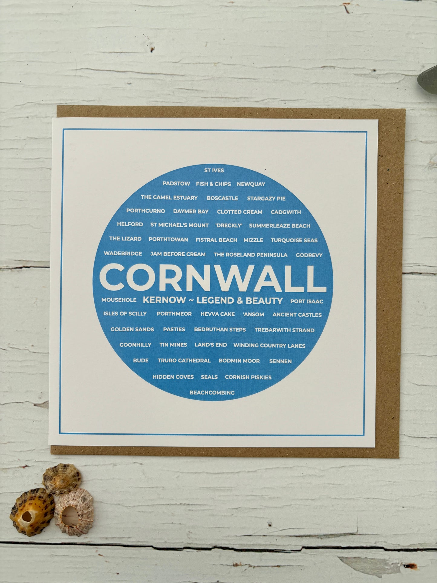 blue Cornwall text greetings card with key locations and landmarks unique UK travel souvenir or gift for a Cornish legend